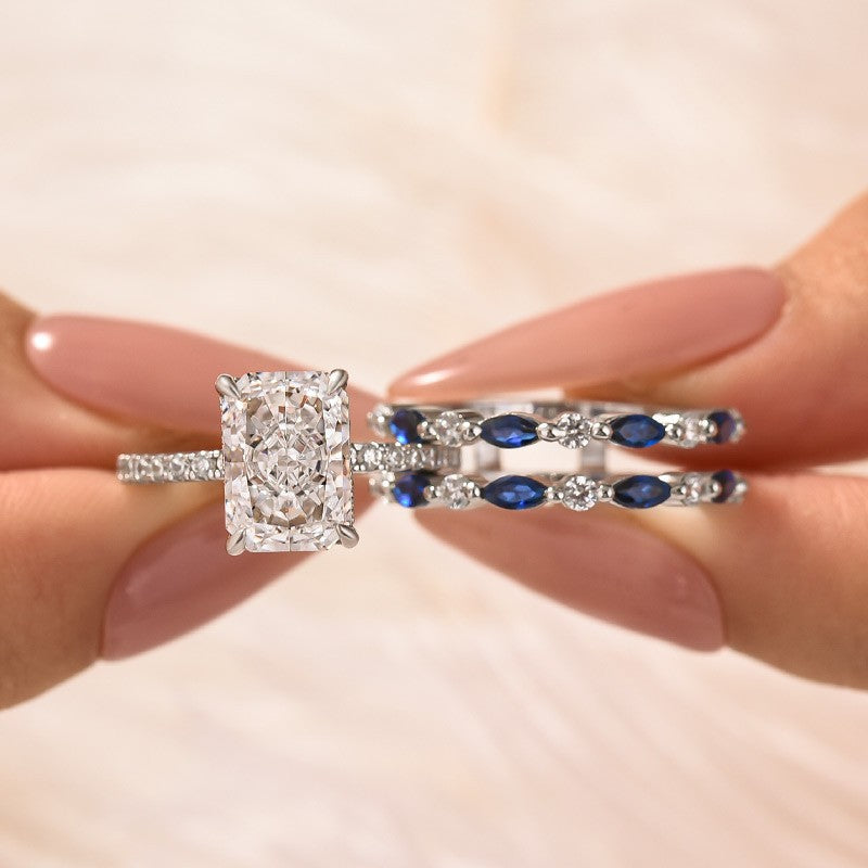 3.5Ct Radiant Cut Insert Wedding Ring Set With Blue & White Stone Engagement Ring Enhancer - Velirellajewelry