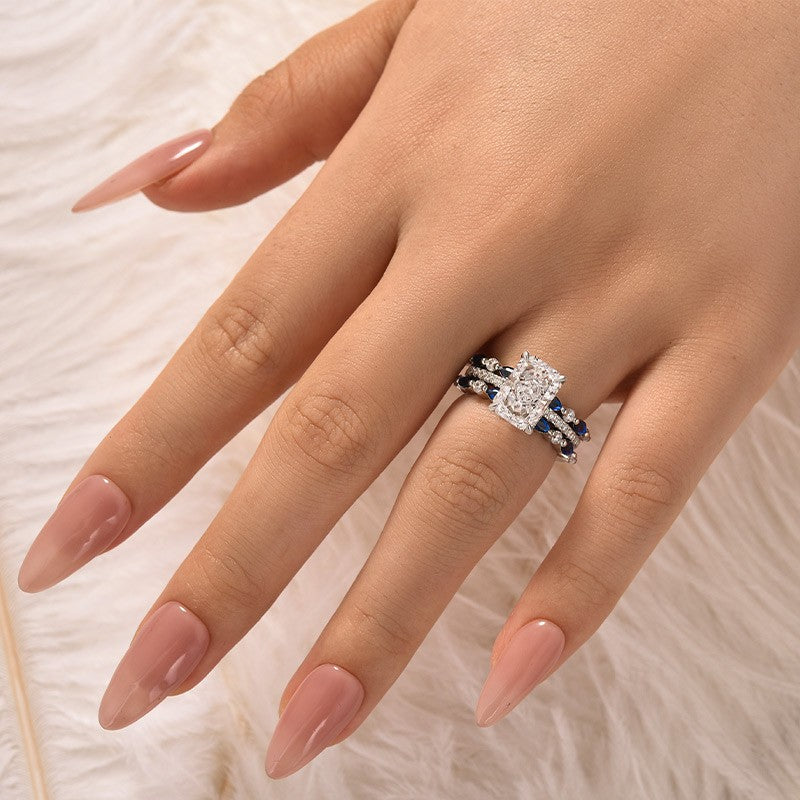 3.5Ct Radiant Cut Insert Wedding Ring Set With Blue & White Stone Engagement Ring Enhancer - Velirellajewelry