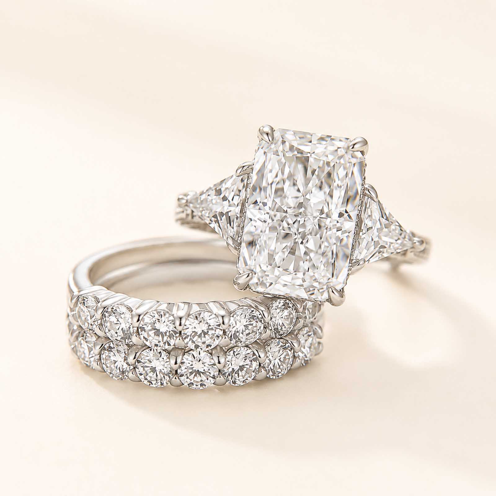  Luxe 5.0Ct Radiant Cut Side Stone Ring & 2PC Pavé Band Stackable Statement Ring Set