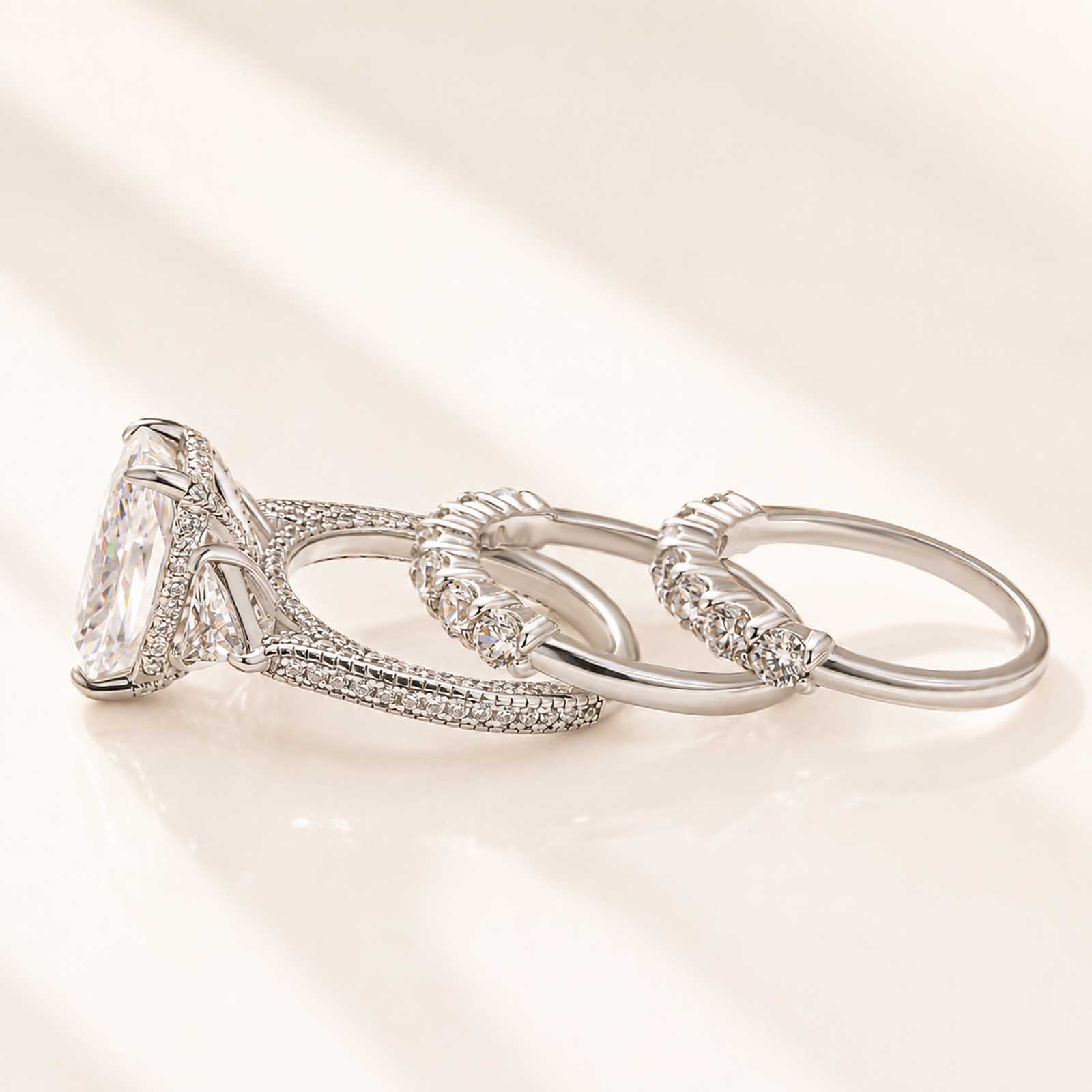  Luxe 5.0Ct Radiant Cut Side Stone Ring & 2PC Pavé Band Stackable Statement Ring Set