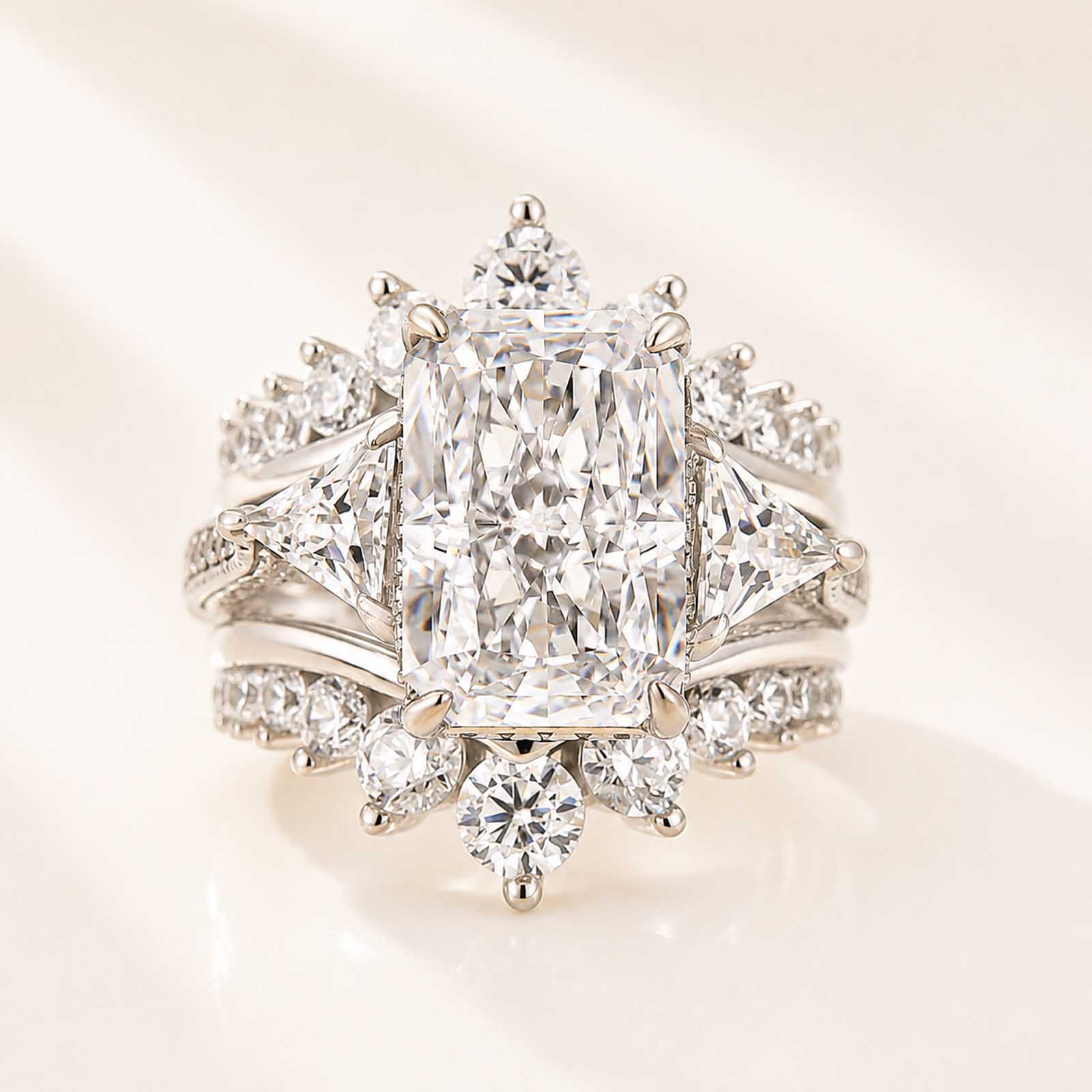 Vintage 5.0Ct Radiant Cut 18K White Gold Side Stone Ring & Pavé Enhancer Band Stackable Insert Ring Set