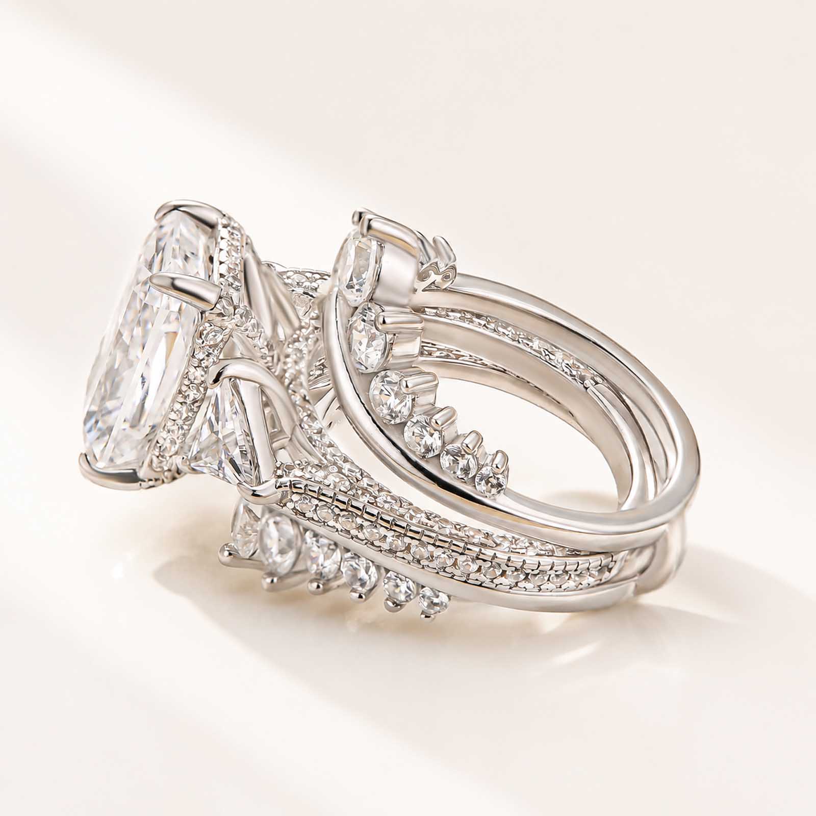 Vintage 5.0Ct Radiant Cut 18K White Gold Side Stone Ring & Pavé Enhancer Band Stackable Insert Ring Set