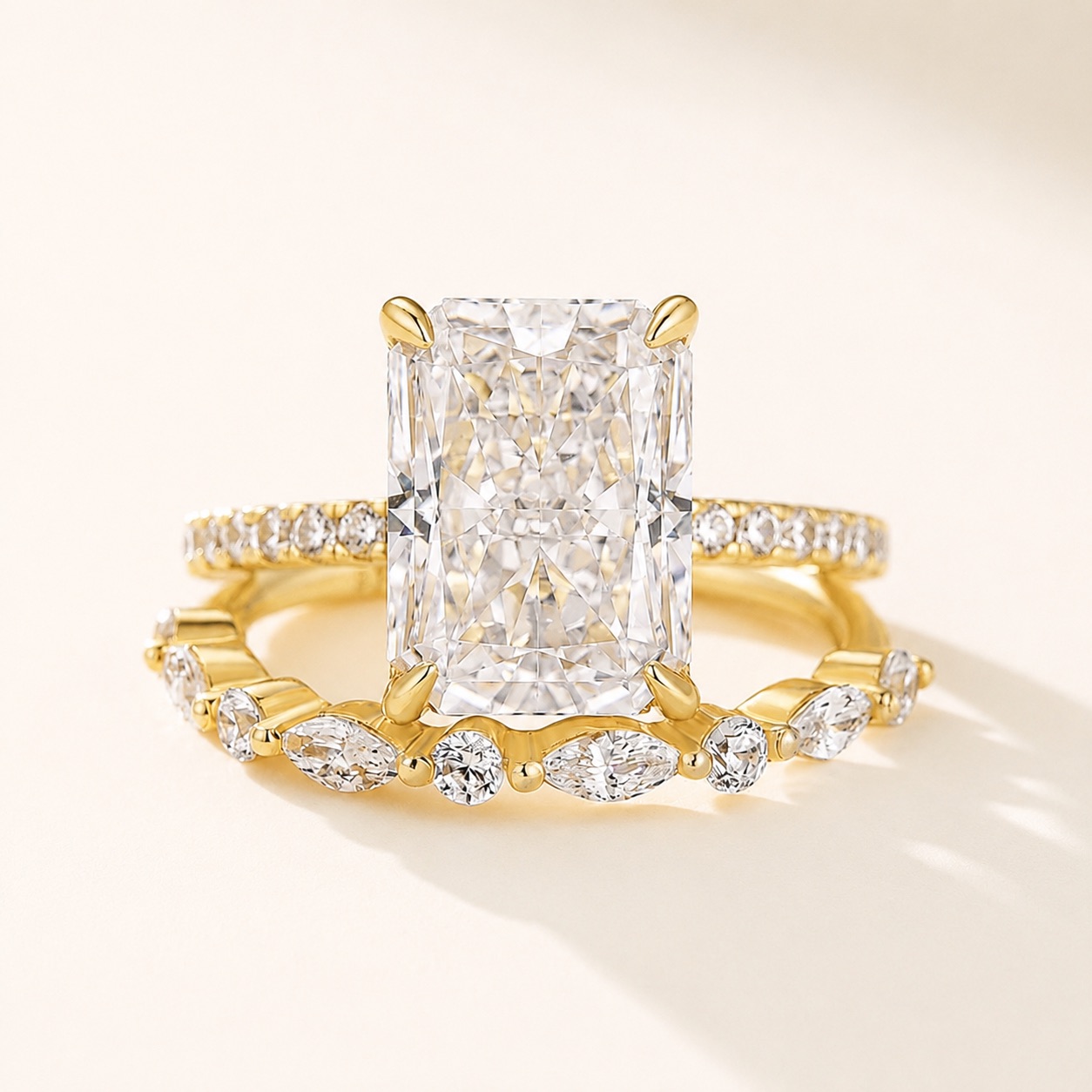 Classic 4.5 Carat Radiant Cut Hidden Halo Wedding Set 18K Yellow Gold Plated Travel Ring Set