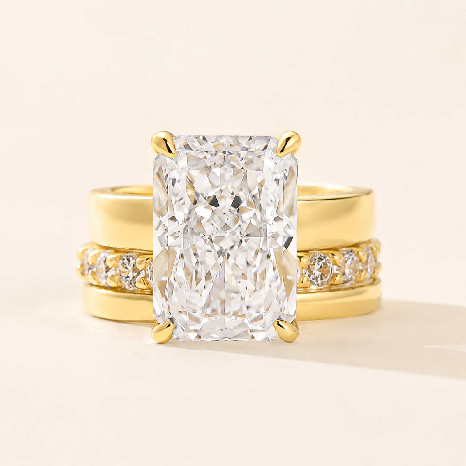  3PC 7.0Ct Radiant Cut Wide Band Yellow Gold Wedding Ring Set