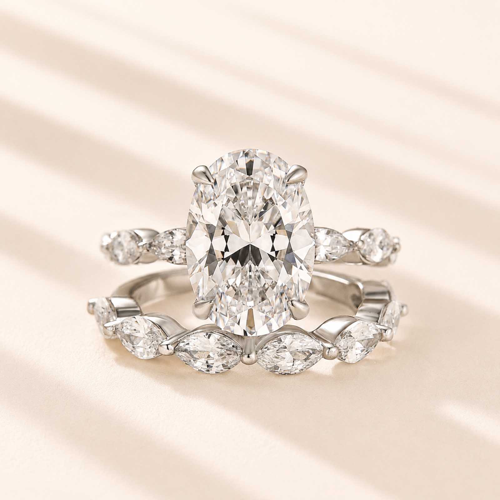  2PC Wedding Ring Set 4.5Ct Oval Cut Engagement Ring With Marquise Cut Full Wedding Band