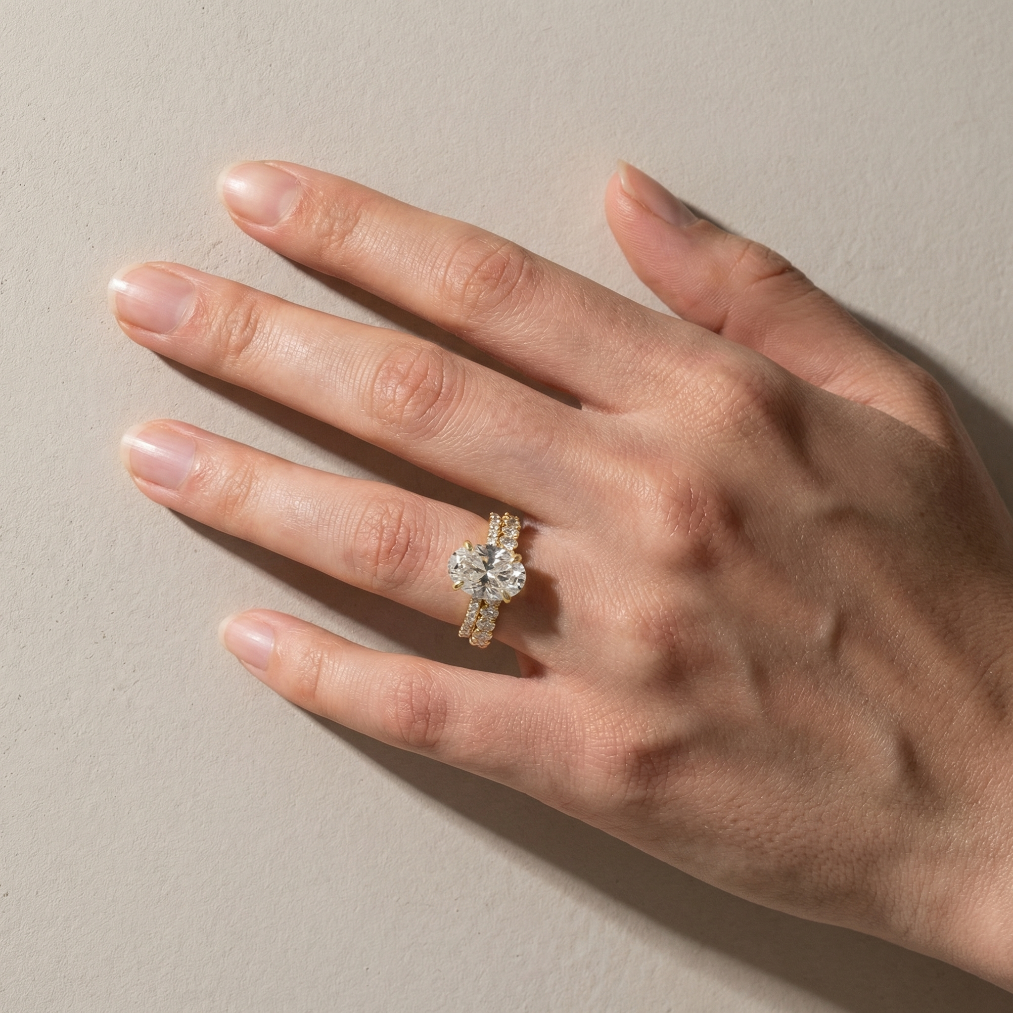 Moissanite 4.0Ct Hidden Halo Oval Cut Yellow Gold Engagement Ring with 3.0Ct Oval Cut Wedding Band - Velirellajewelry