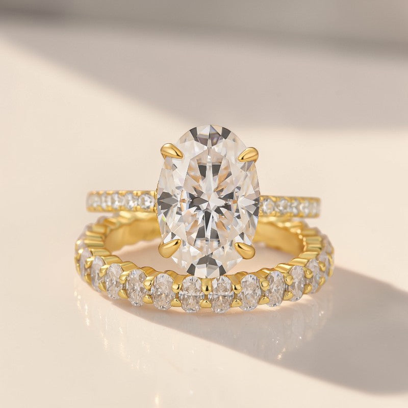 Moissanite 4.0Ct Hidden Halo Oval Cut Yellow Gold Engagement Ring with 3.0Ct Oval Cut Wedding Band - Velirellajewelry