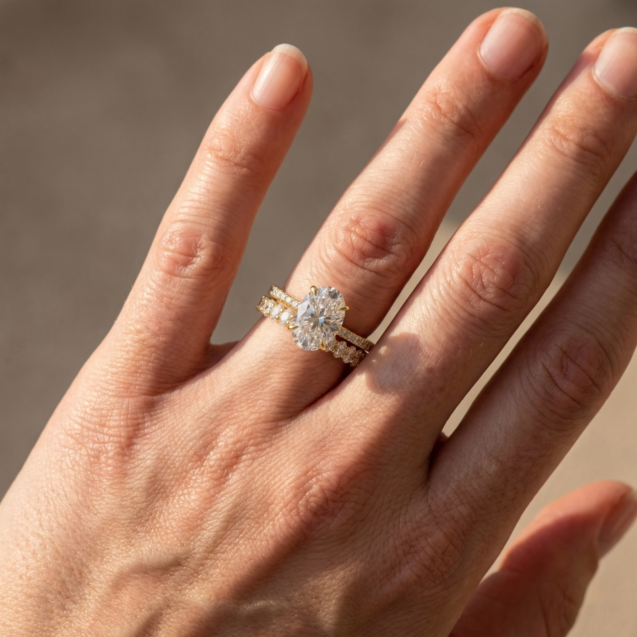 Moissanite 4.0Ct Hidden Halo Oval Cut Yellow Gold Engagement Ring with 3.0Ct Oval Cut Wedding Band - Velirellajewelry