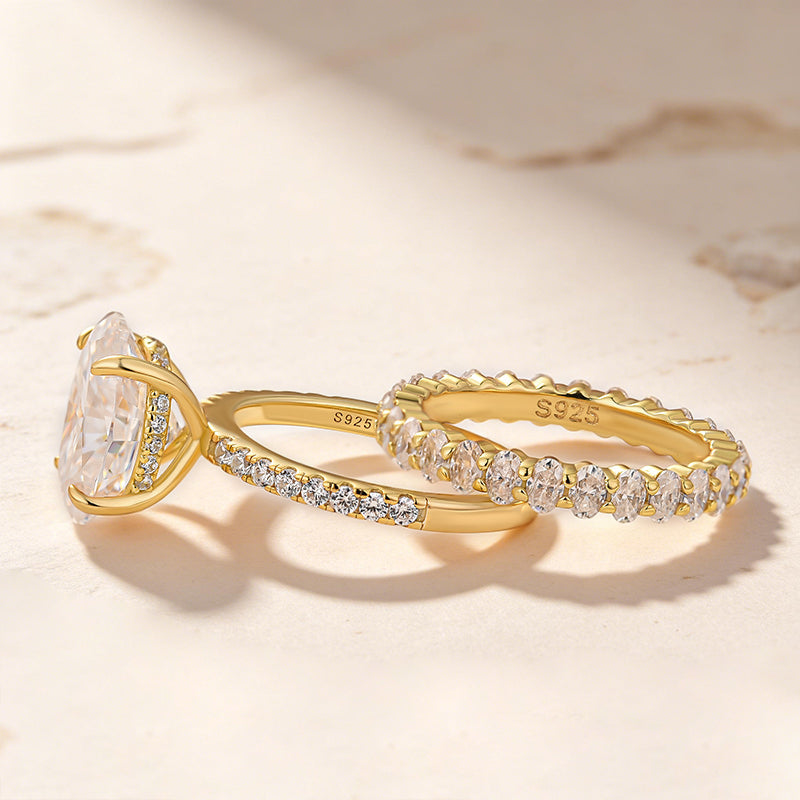 Moissanite 4.0Ct Hidden Halo Oval Cut Yellow Gold Engagement Ring with 3.0Ct Oval Cut Wedding Band - Velirellajewelry