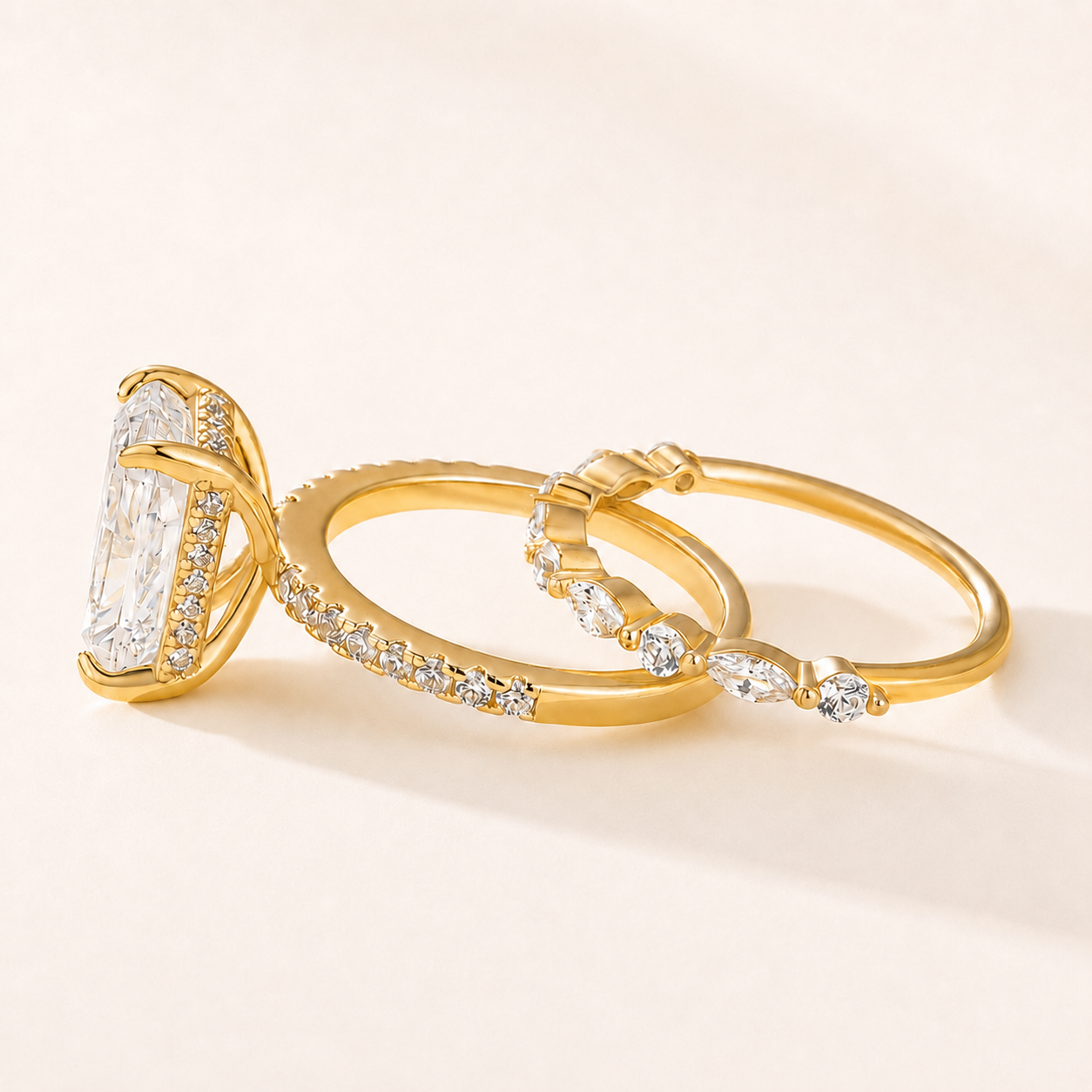 Classic 4.5 Carat Radiant Cut Hidden Halo Wedding Set 18K Yellow Gold Plated Travel Ring Set