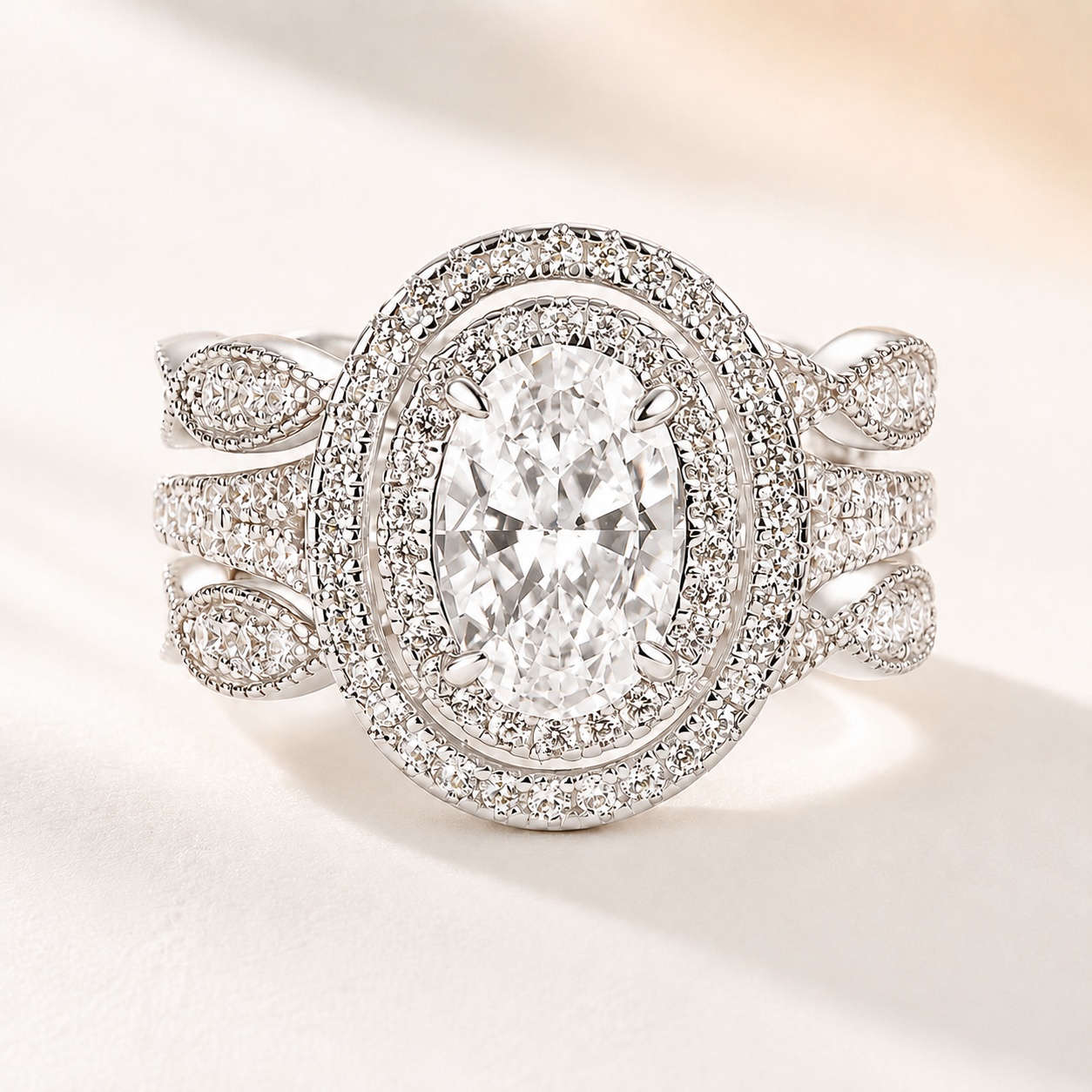 2.0Ct Gorgeous Double Halo Oval Cut Insert Vintage Ring Set For Daily Wear