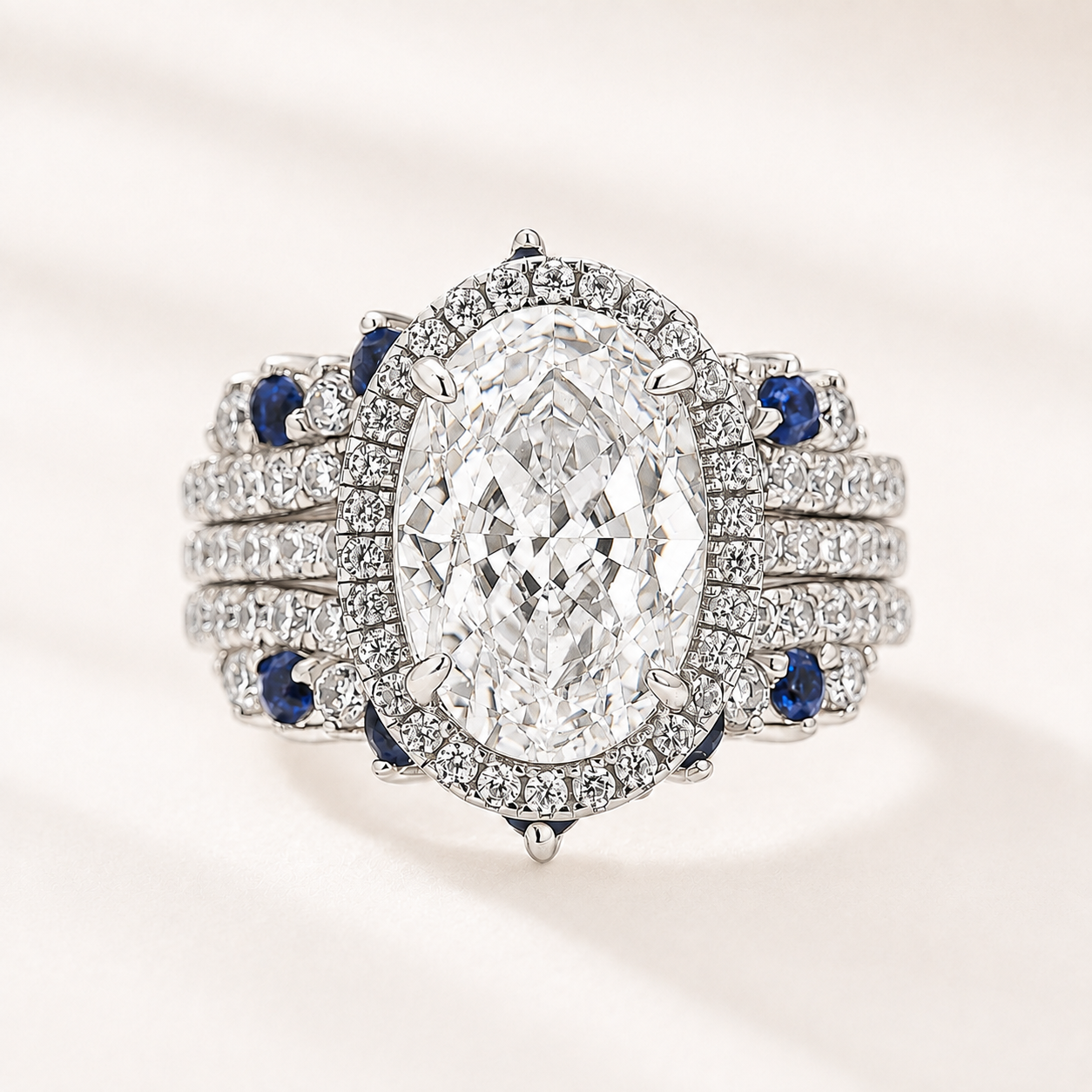 4.0Ct Halo Oval Cut Ring with Blue & White Stone Band Enhancer Ring Sets