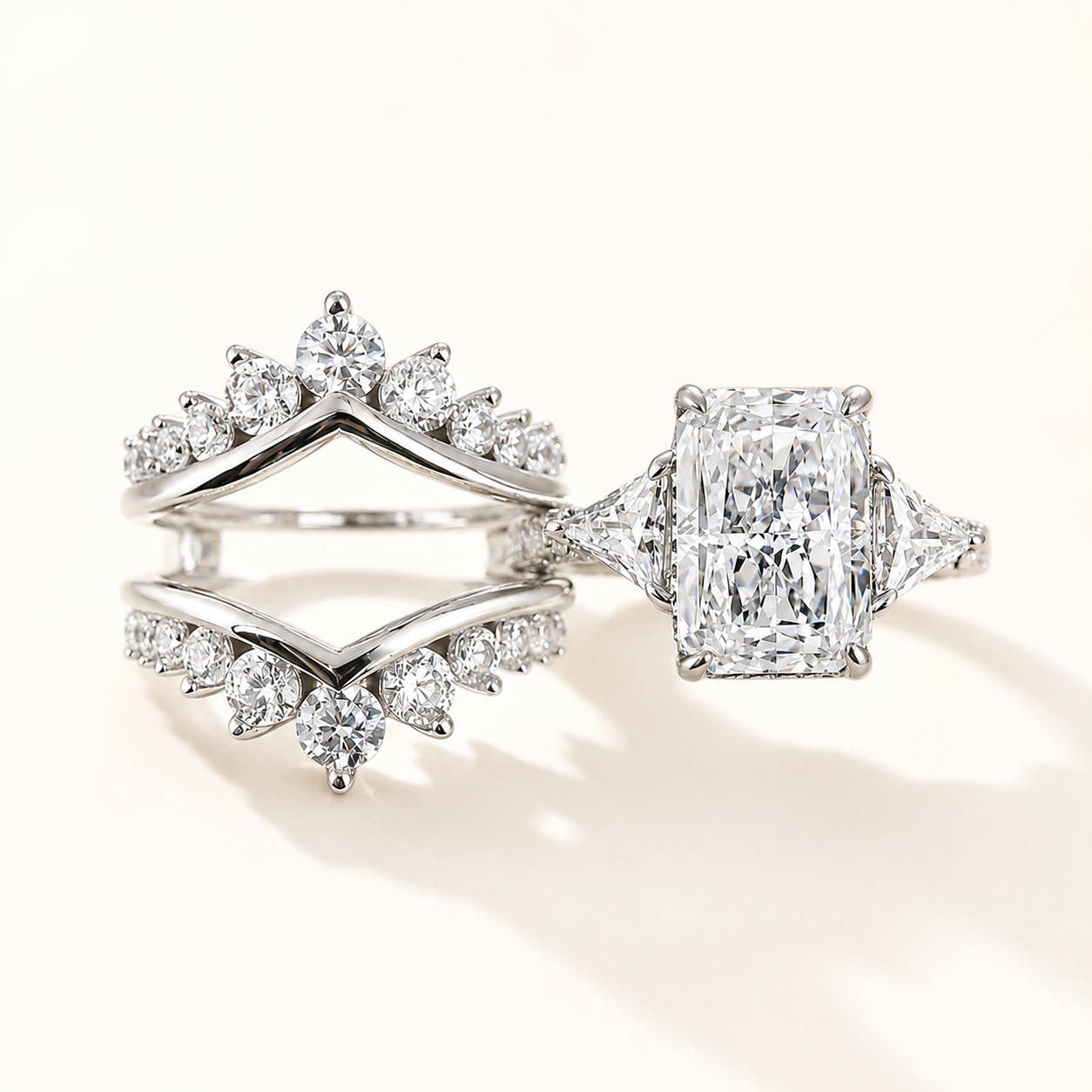 Vintage 5.0Ct Radiant Cut 18K White Gold Side Stone Ring & Pavé Enhancer Band Stackable Insert Ring Set