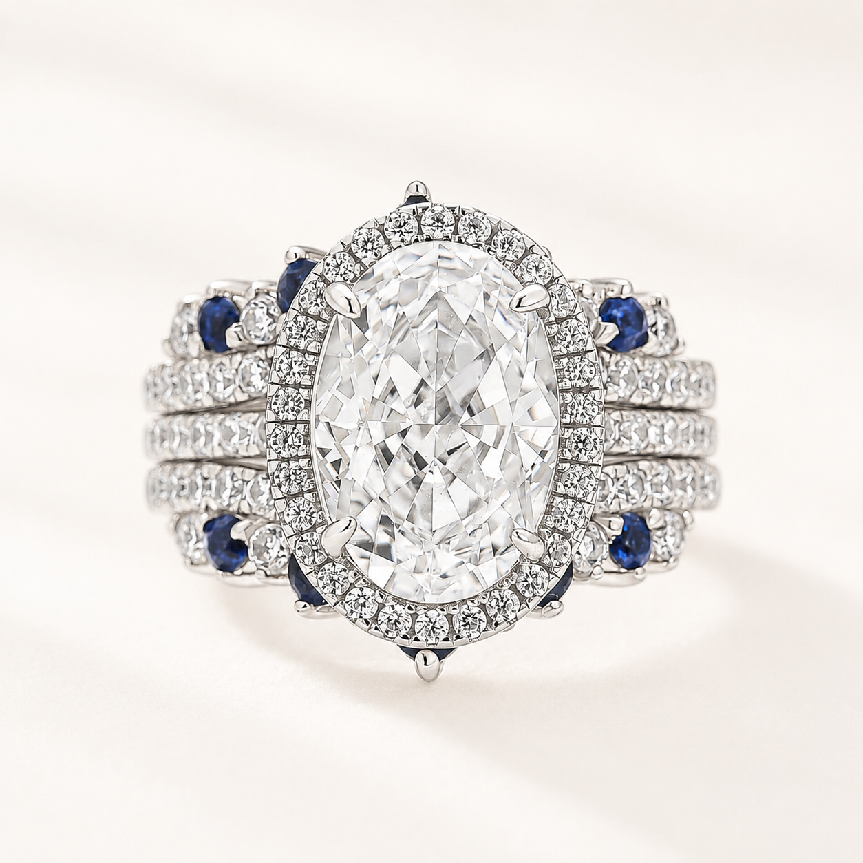 4.0Ct Halo Oval Cut Ring with Blue & White Stone Band Enhancer Ring Sets