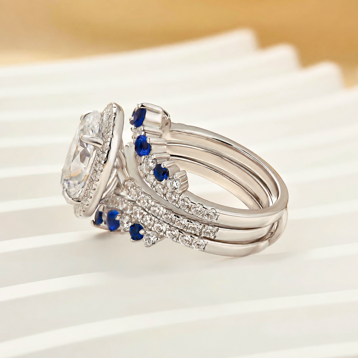4.0Ct Halo Oval Cut Ring with Blue & White Stone Band Enhancer Ring Sets