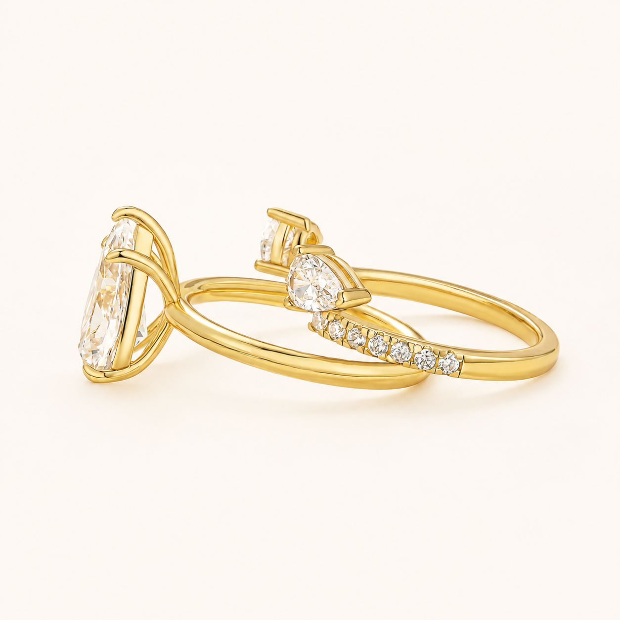 2PC Yellow Gold 3.0Ct Pear Cut Solitaire Ring & Pear Cut Open Band Enhancer Ring Sets