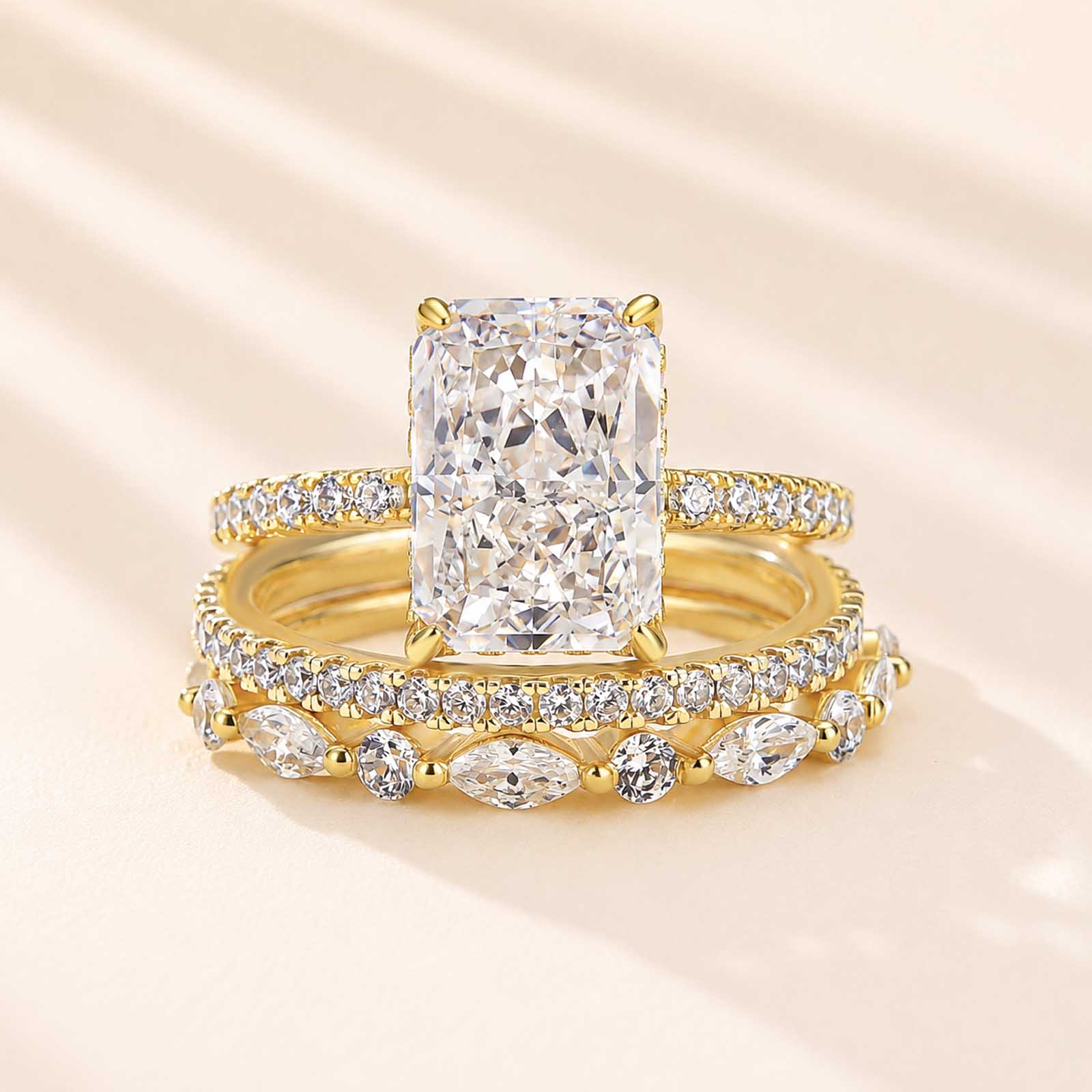 Classic 3.5Ct Radiant Cut 3PC Ring Set 18K White/Yellow Gold Plated Stackable Rings For Women