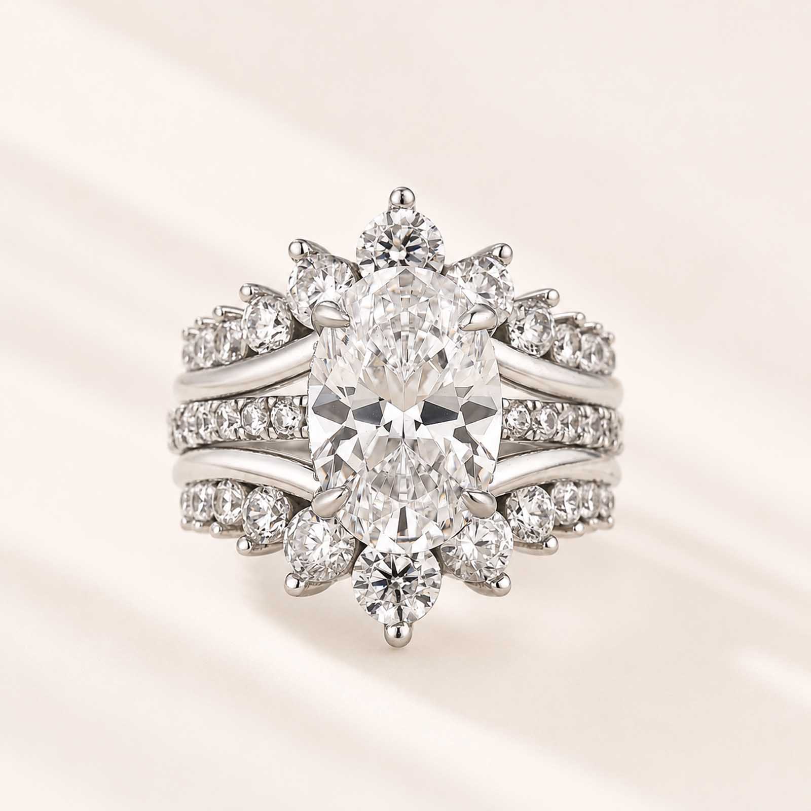 Exclusive 4.0Ct/5.0Ct Oval Cut Ring & 1.7Ct Round Cut Stackable Band Enhancer Ring Set