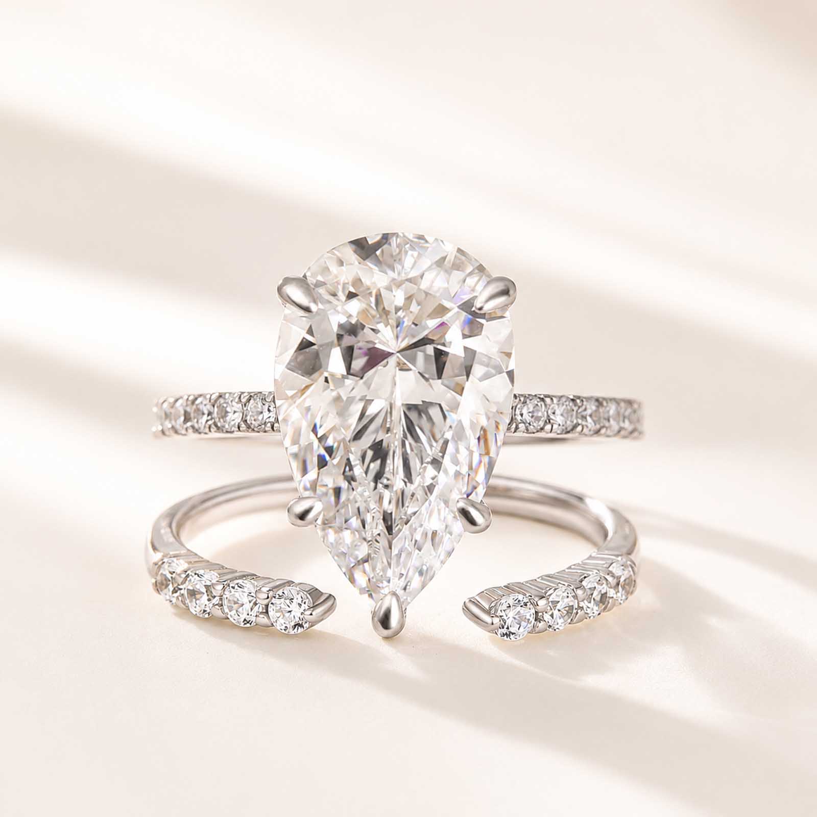  Classic 4.5 Carat Pear Cut Ring & Open Band 2PC Simulated Diamond Stackable Ring Set