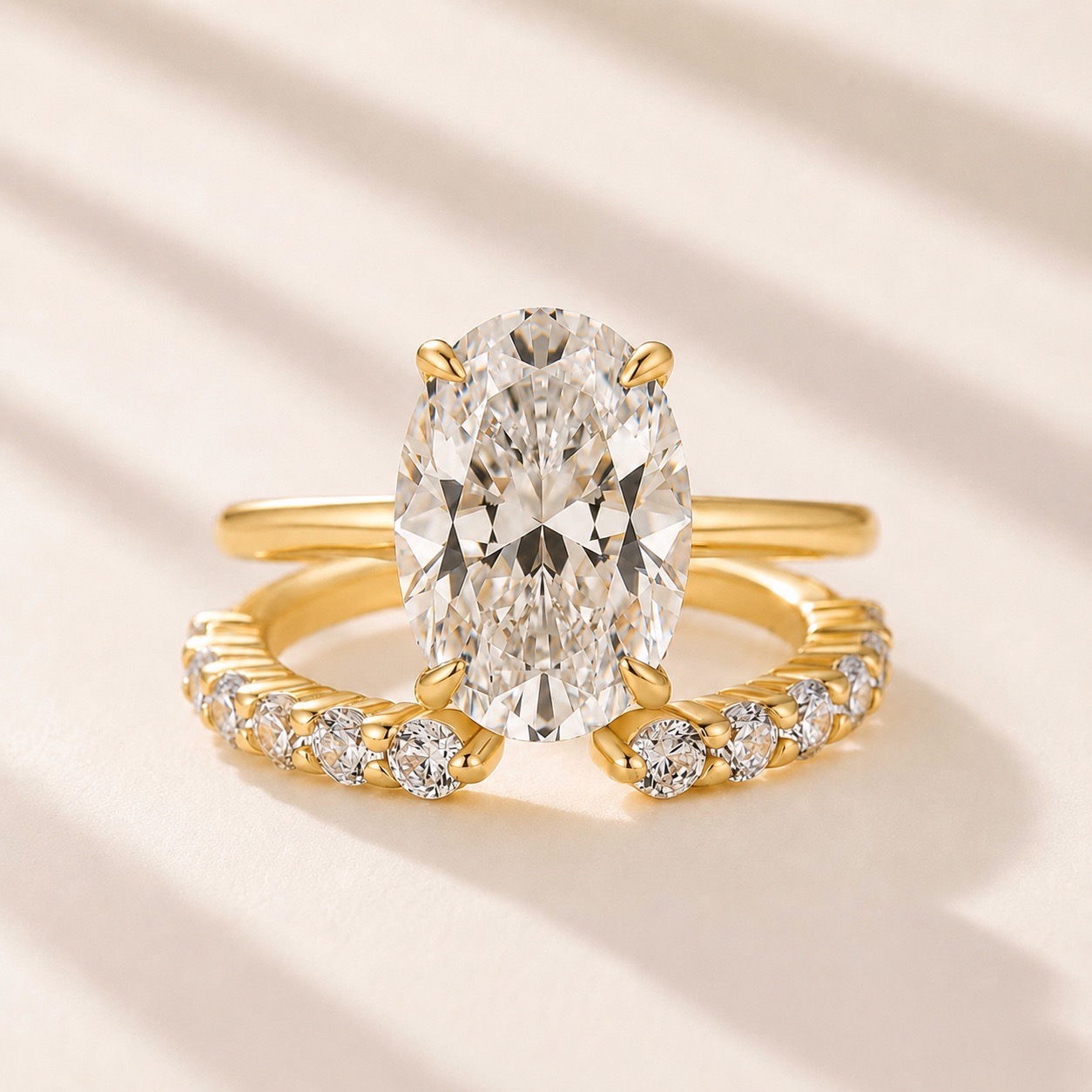 Unique 4.5Ct Solitaire Oval Cut Ring & Open Band Stackable Ring Sets For Date Nights