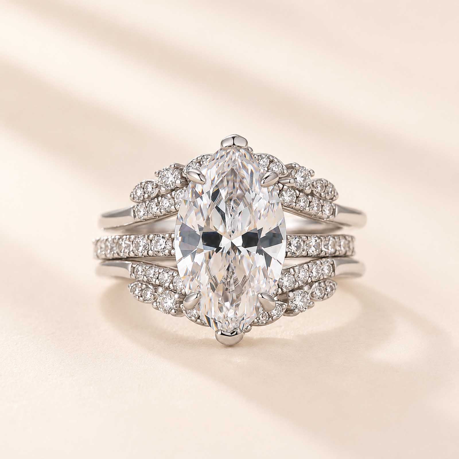 Vintage Marquise Cut 18K White Gold Plated Insert Enhancer Ring Set Travel Rings