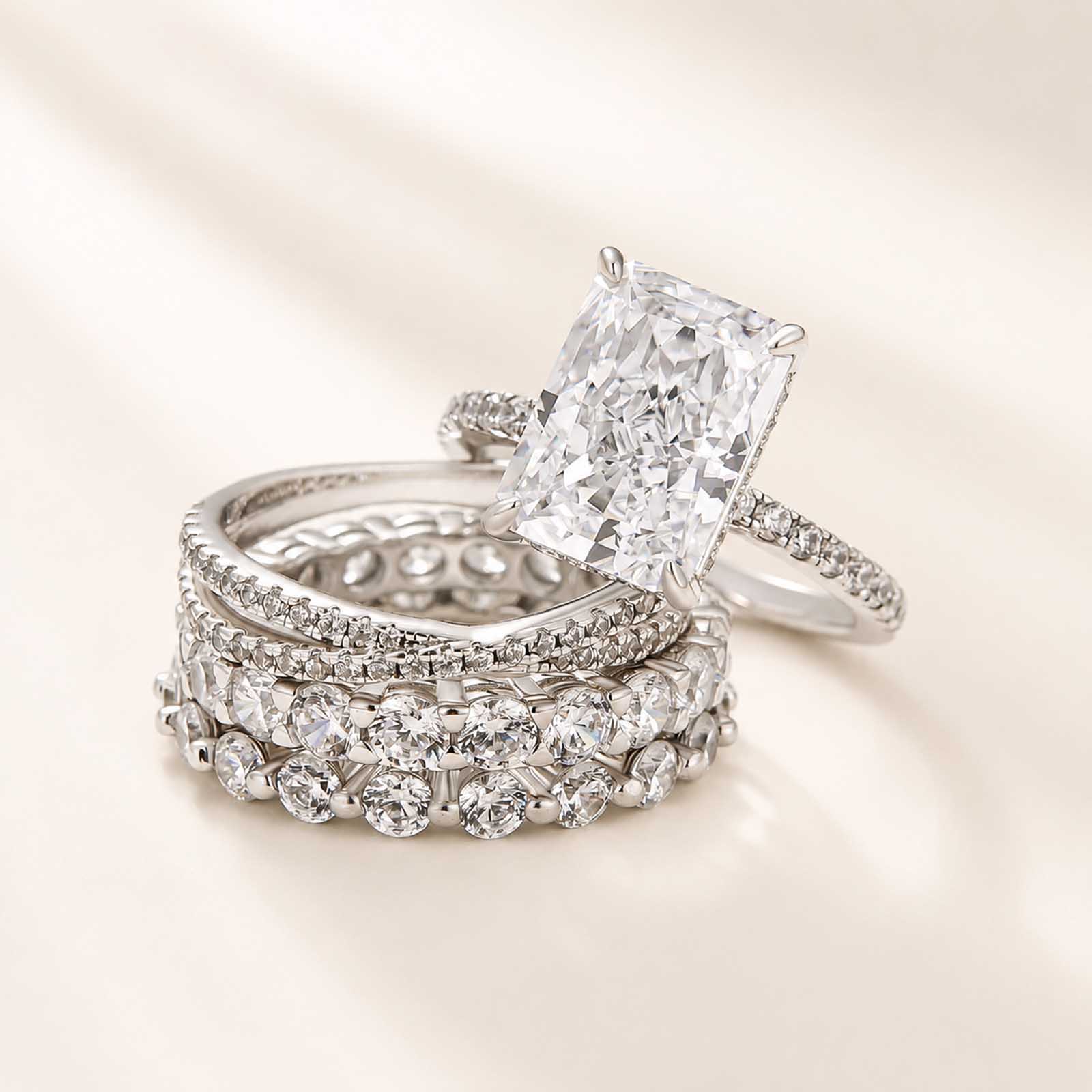 Excellent Crushed Ice Radiant Cut 4PC Mix & Match Satckable Ring Set For Daily Wear
