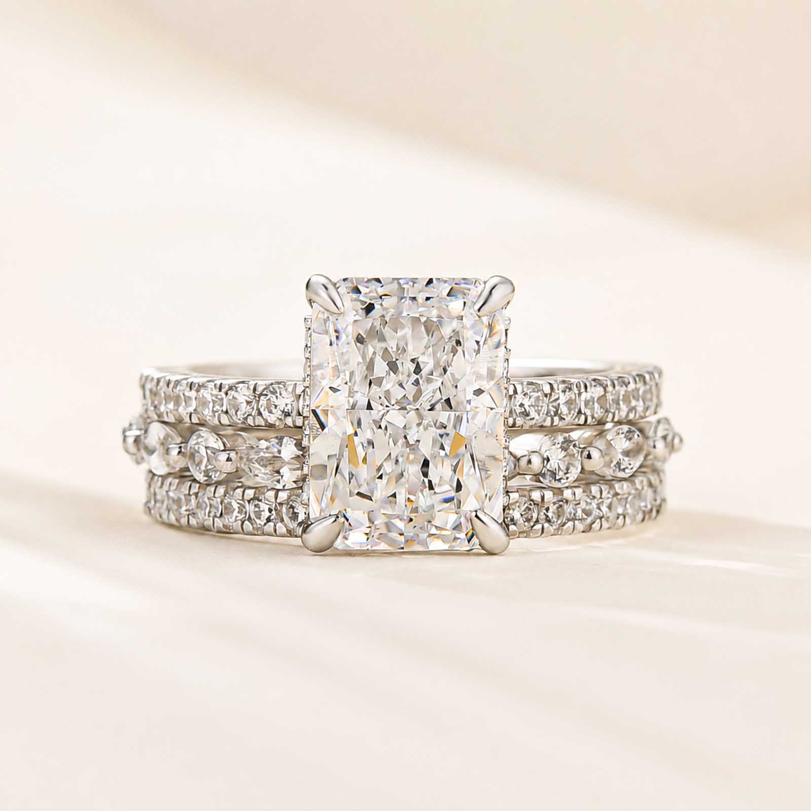 Classic 3.5Ct Radiant Cut 3PC Ring Set 18K White/Yellow Gold Plated Stackable Rings For Women