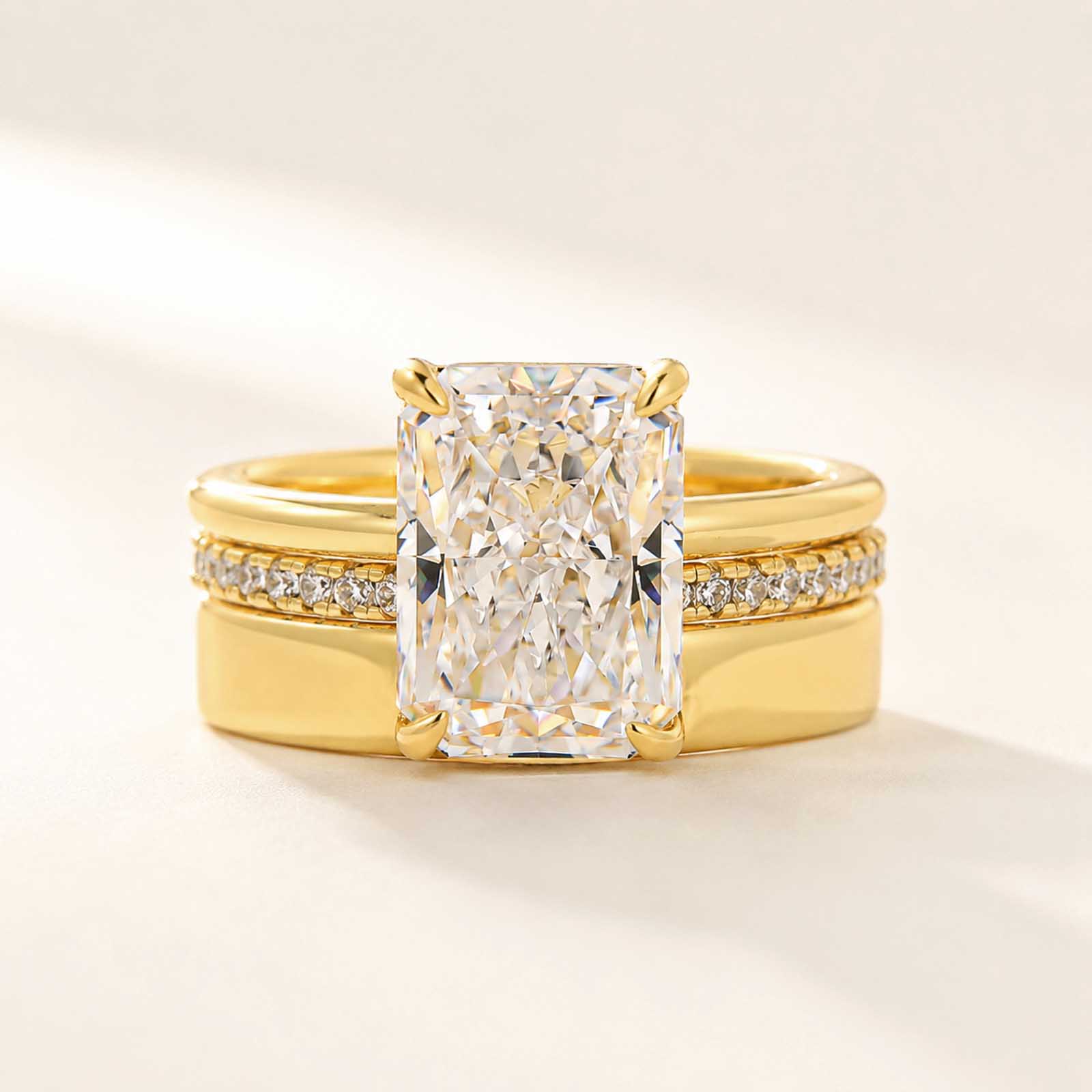 Classic 5.0Ct Radiant Cut 3PC Stackable Ring Set 18K Yellow Gold Plated Ring Set