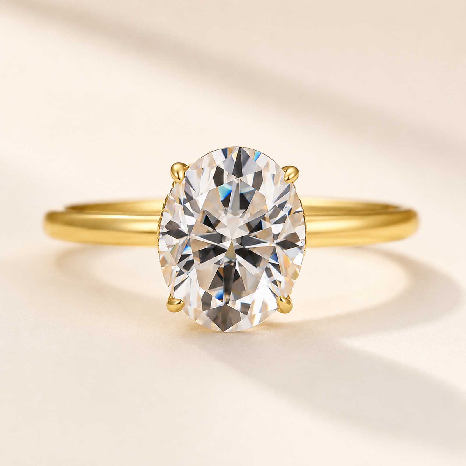  Moissanite Solitaire 2.0 Carat Oval Cut 18K Yellow Gold Hidden Halo Promise Rings 