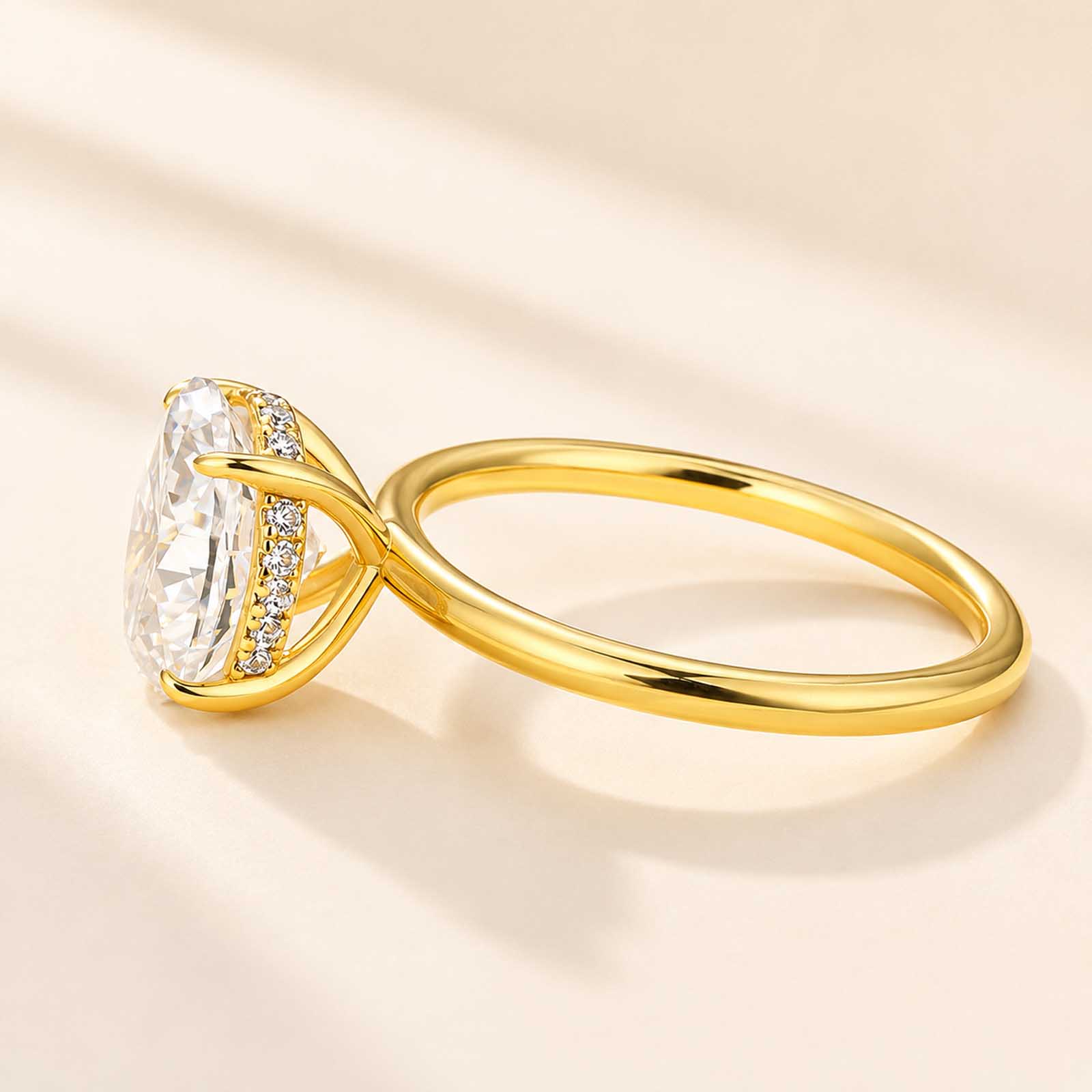  Moissanite Solitaire 2.0 Carat Oval Cut 18K Yellow Gold Hidden Halo Promise Rings 