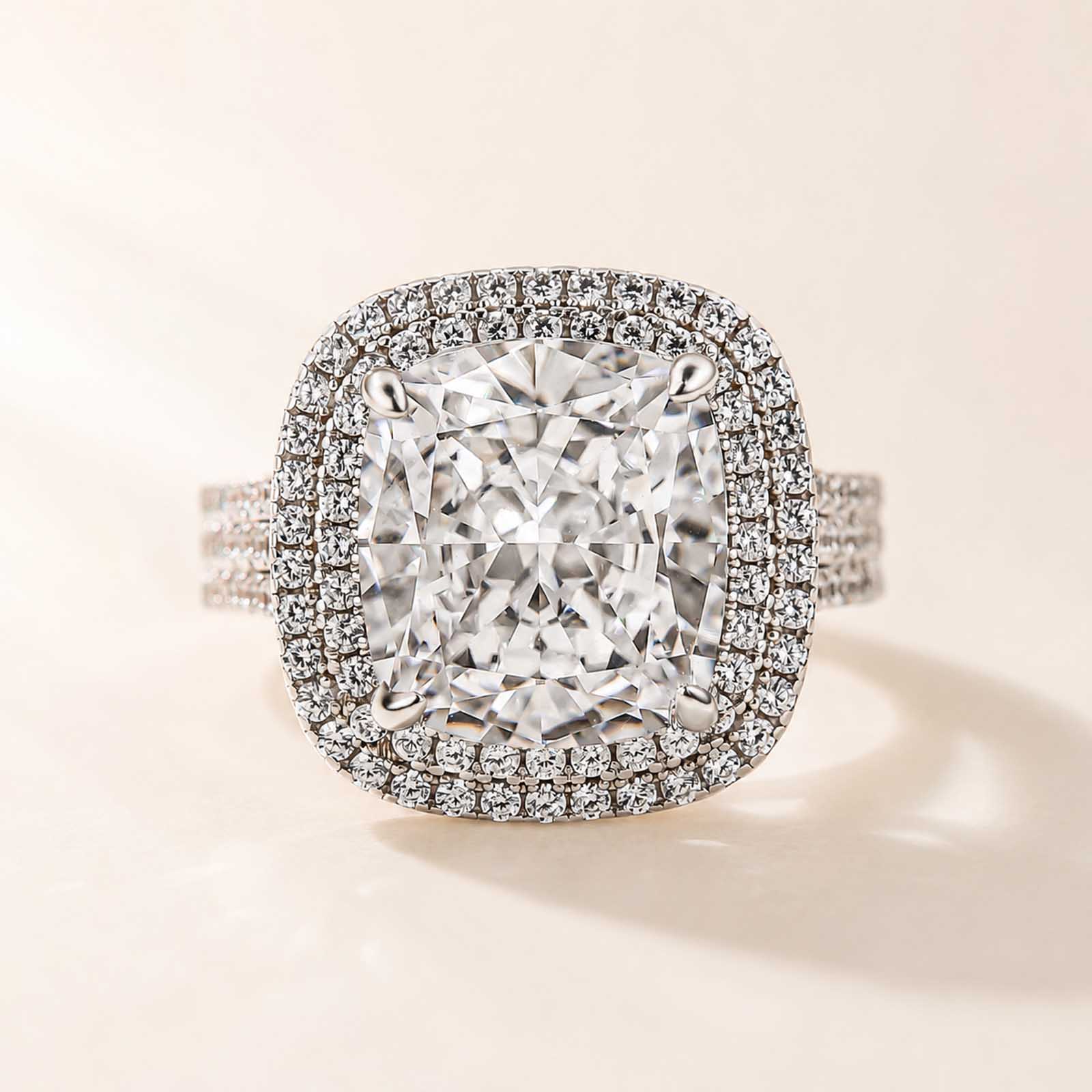 Luxury Double Halo Three Shank 6.0Ct Cushion Cut Promise Rings