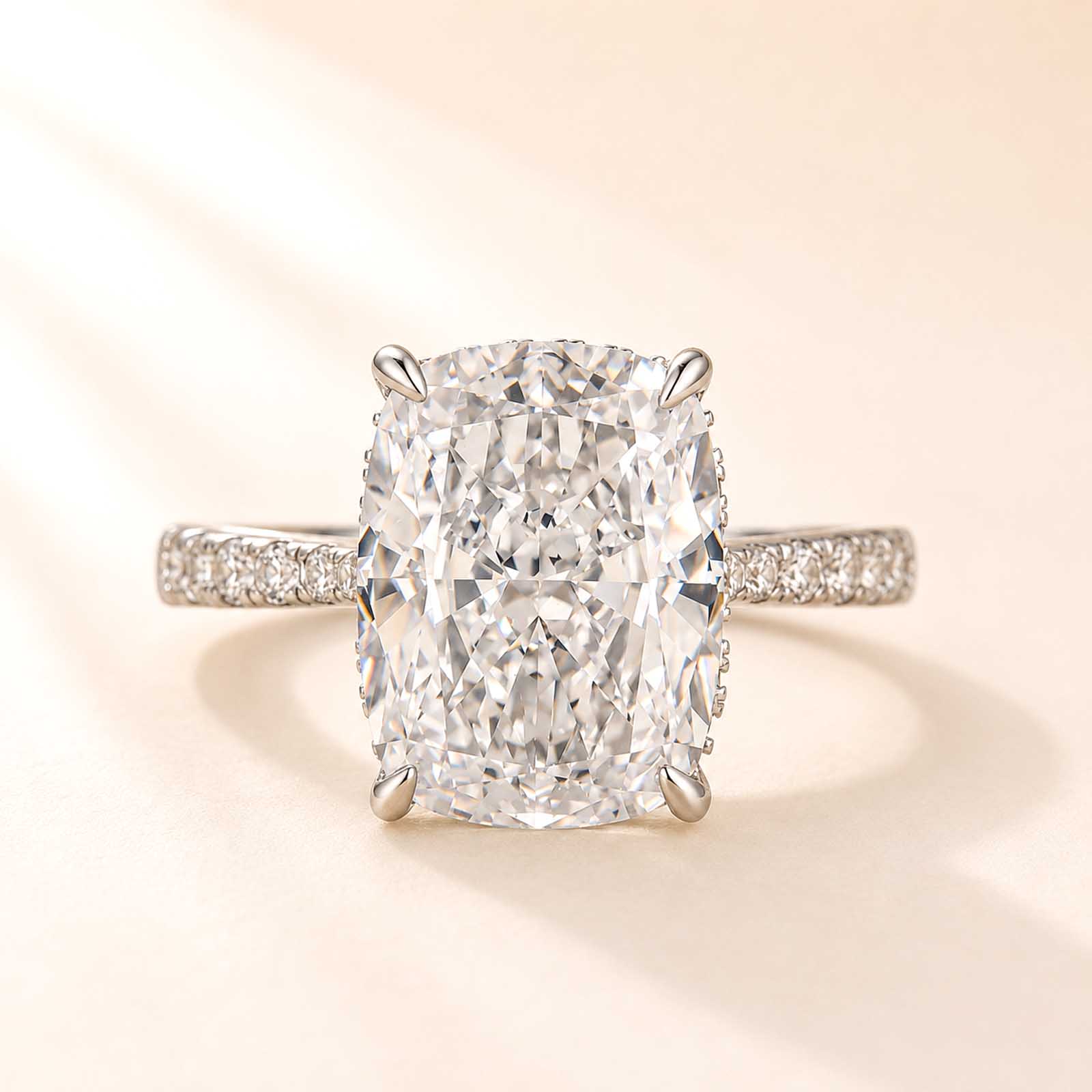 Luxury 6.5Ct Crushed Ice Cushion Cut Simulated Diamond Ring with Round Cut Side Stones