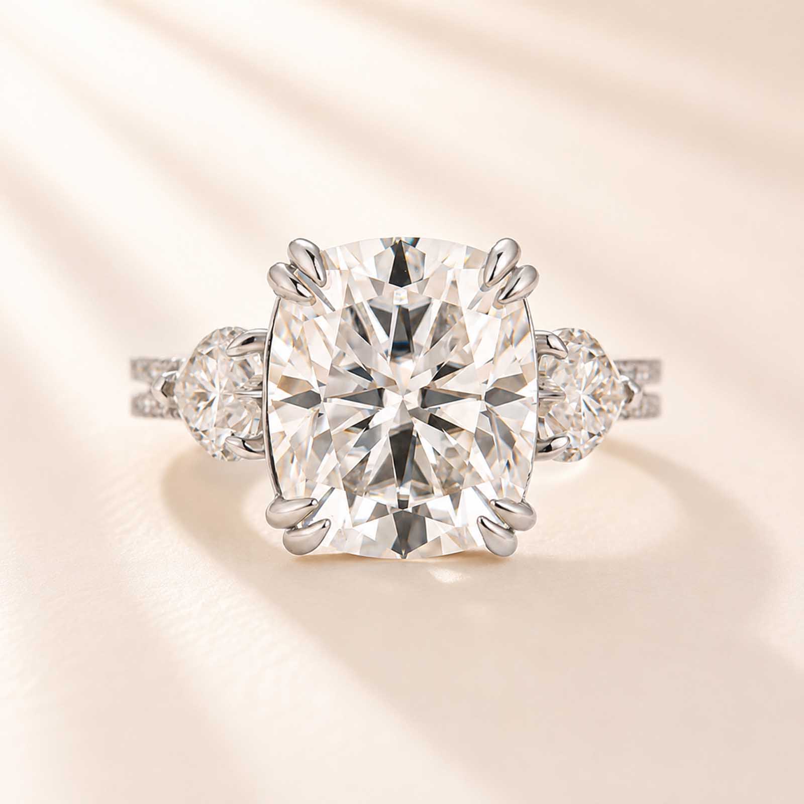 Moissanite 6.0Ct Cushion Cut Three Stone Ring with Heart & Round Side Stones