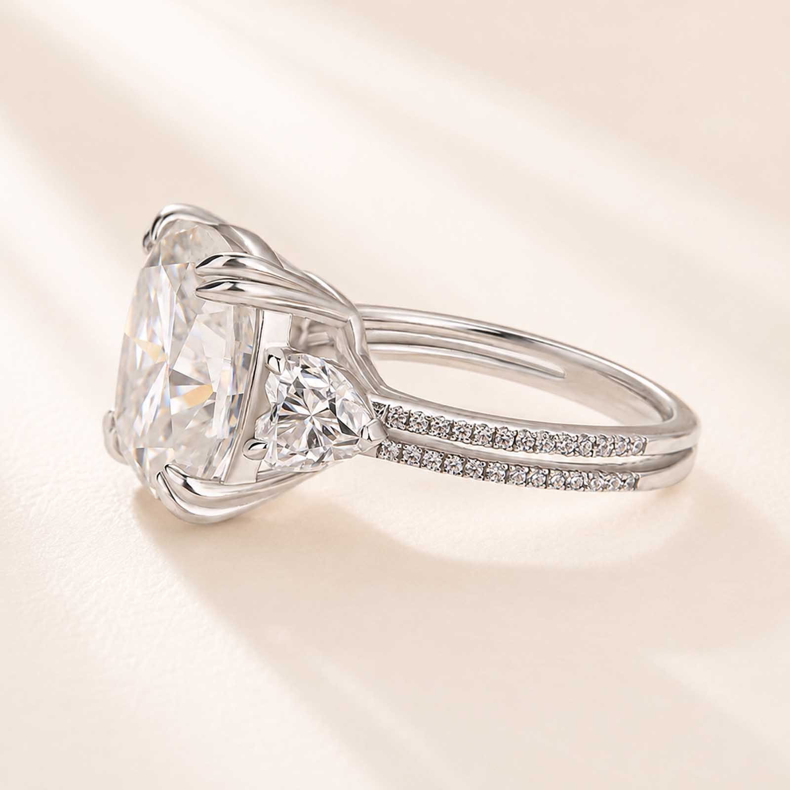 Moissanite 6.0Ct Cushion Cut Three Stone Ring with Heart & Round Side Stones