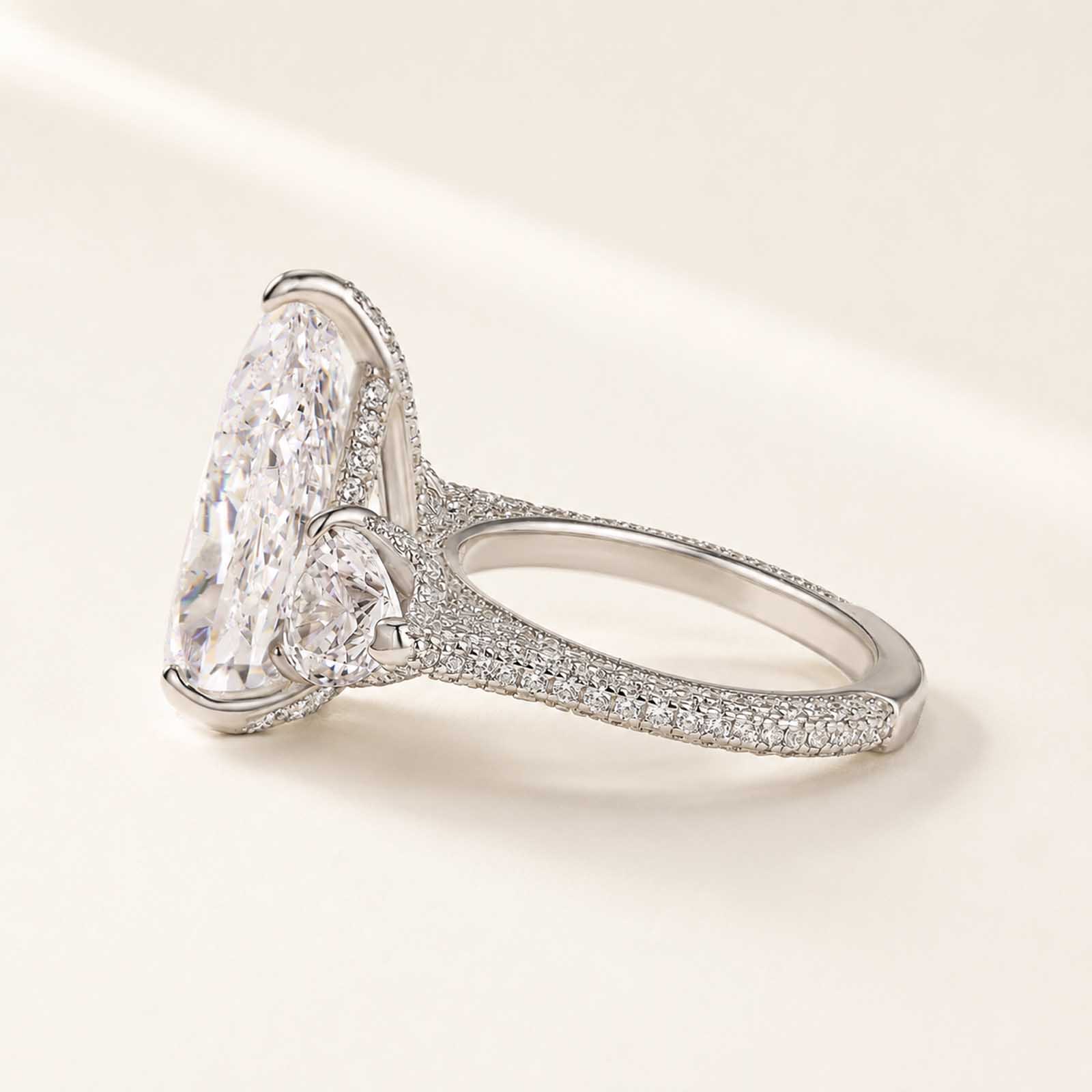 Stunning 8.0Ct Pear Cut Three Stone Rings with Heart Cut Side Stones