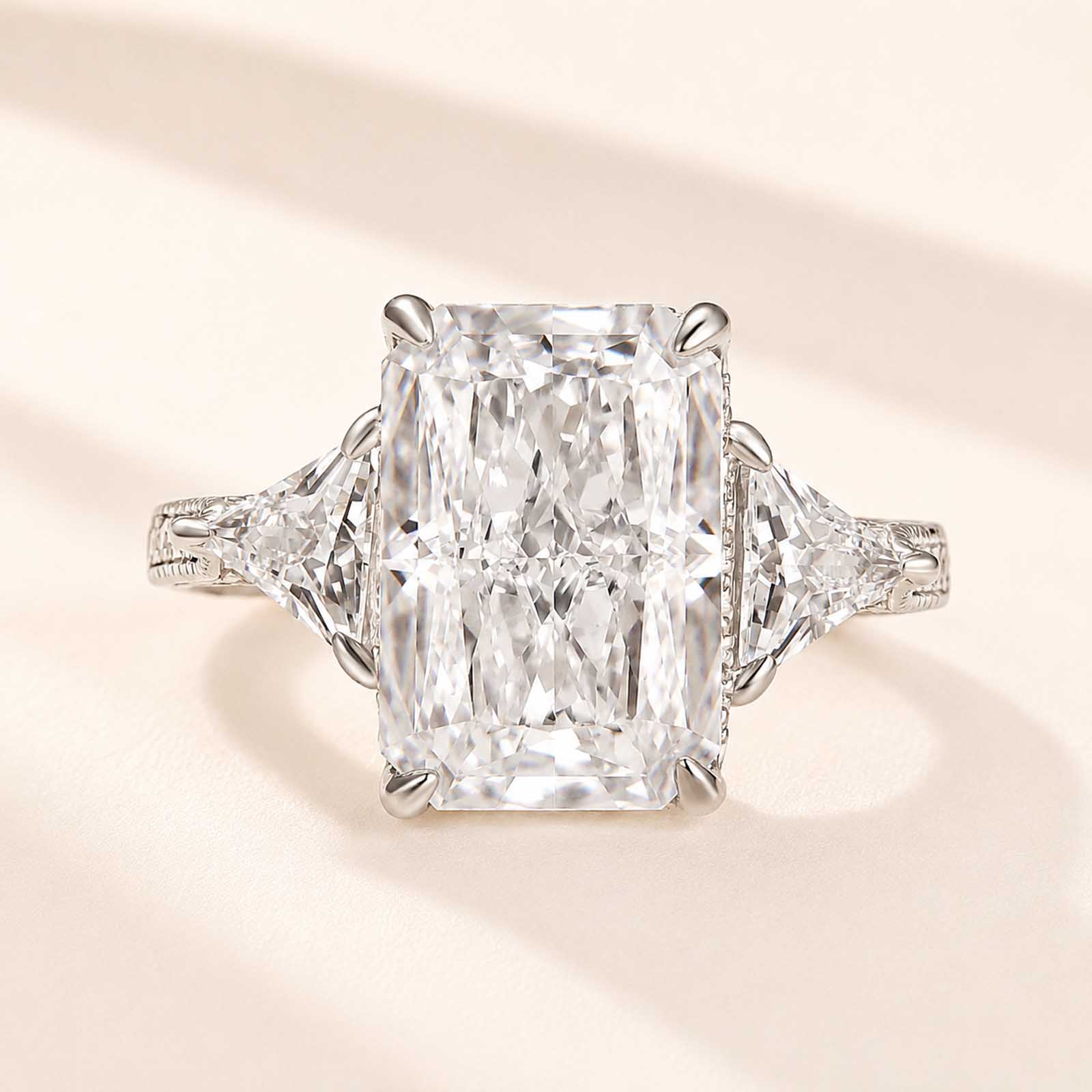  Three Stone 5.0 Carat Radiant Cut Hidden Halo Ring For Everyday Wear
