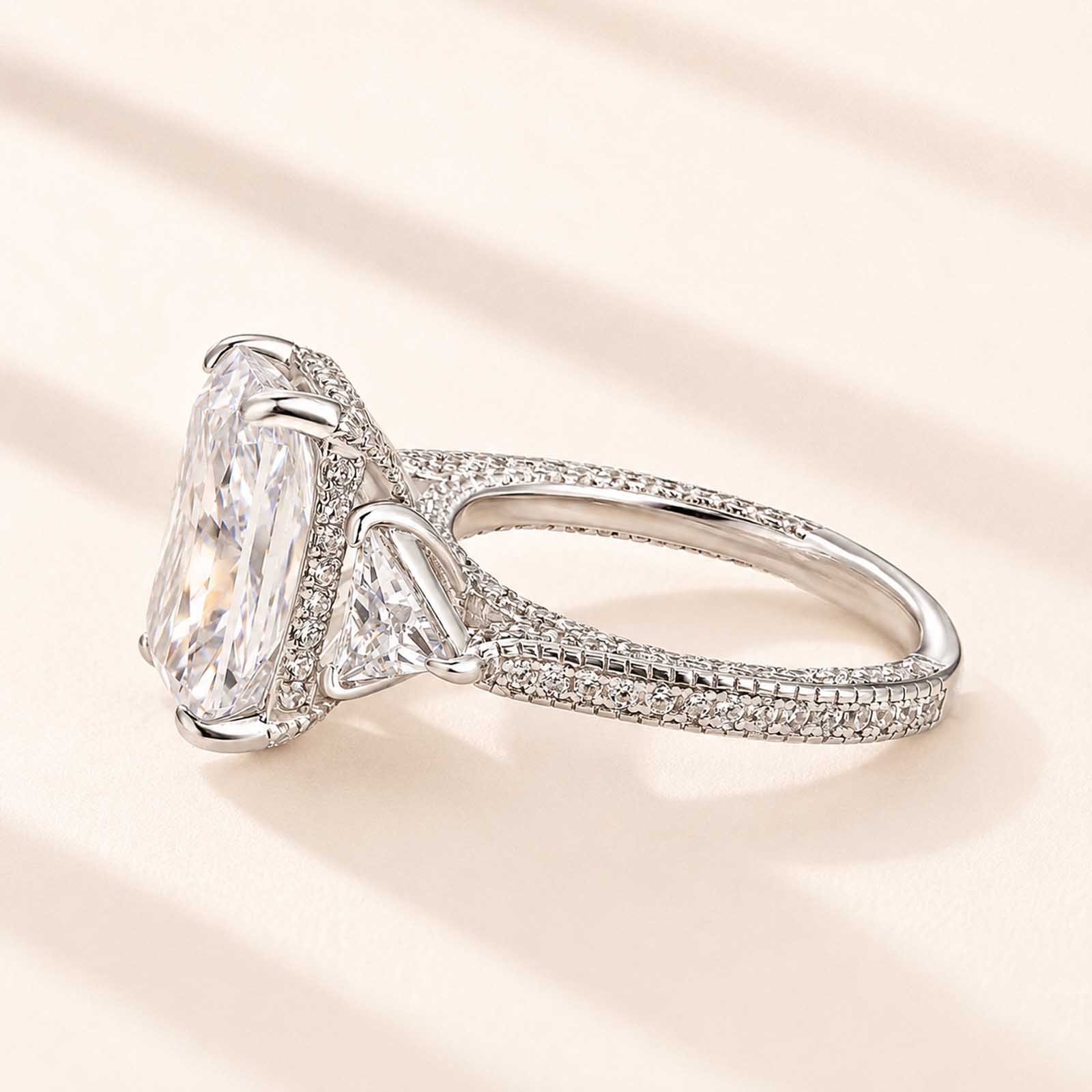  Three Stone 5.0 Carat Radiant Cut Hidden Halo Ring For Everyday Wear