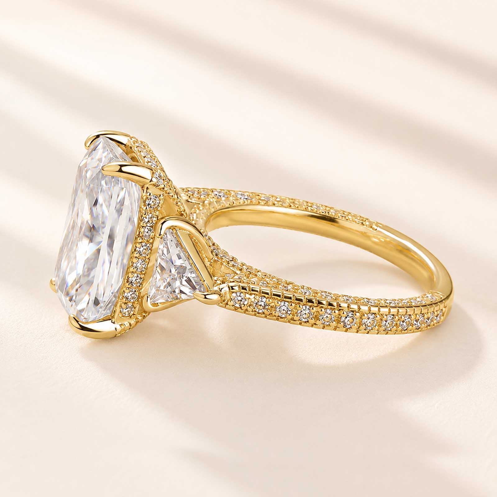  Three Stone 5.0 Carat Radiant Cut Hidden Halo Ring For Everyday Wear
