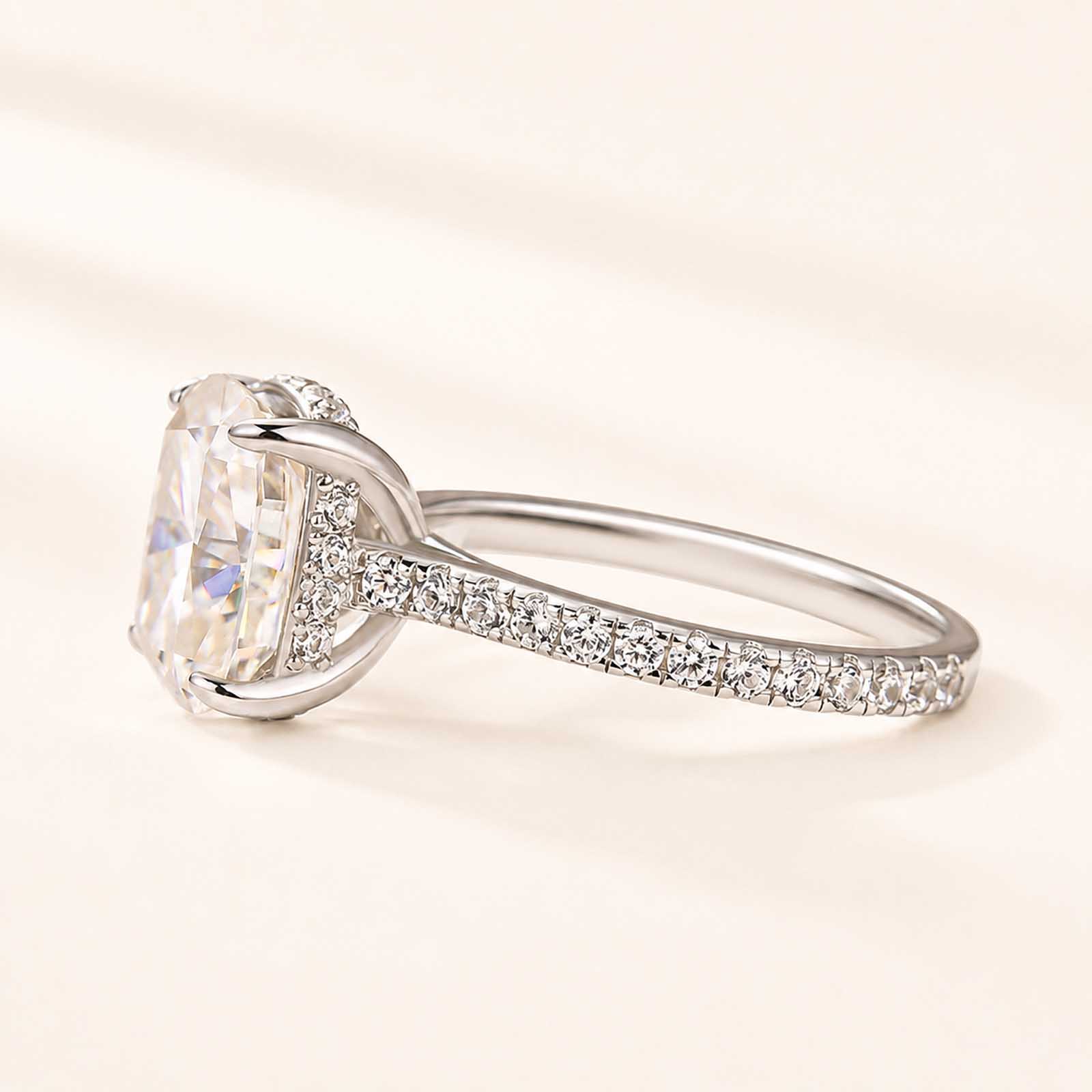  Moissanite Hidden Halo 4.0Ct Cushion Cut White Gold Classic Rings