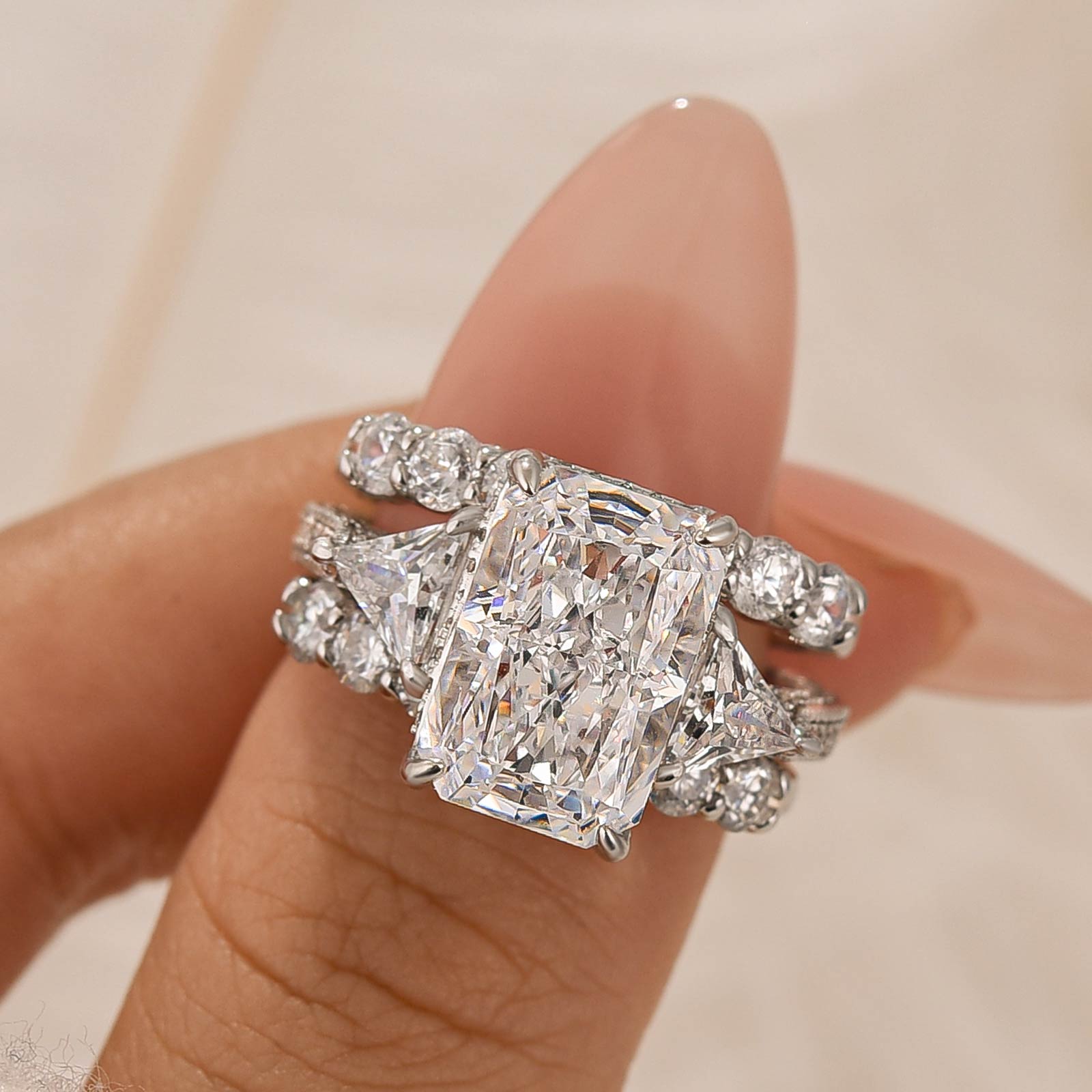 3PC Wedding Ring Set 5.0Ct Radiant Cut White Gold Side Stone Engagement Rings With 2PC Pavé Wedding Band - Velirellajewelry