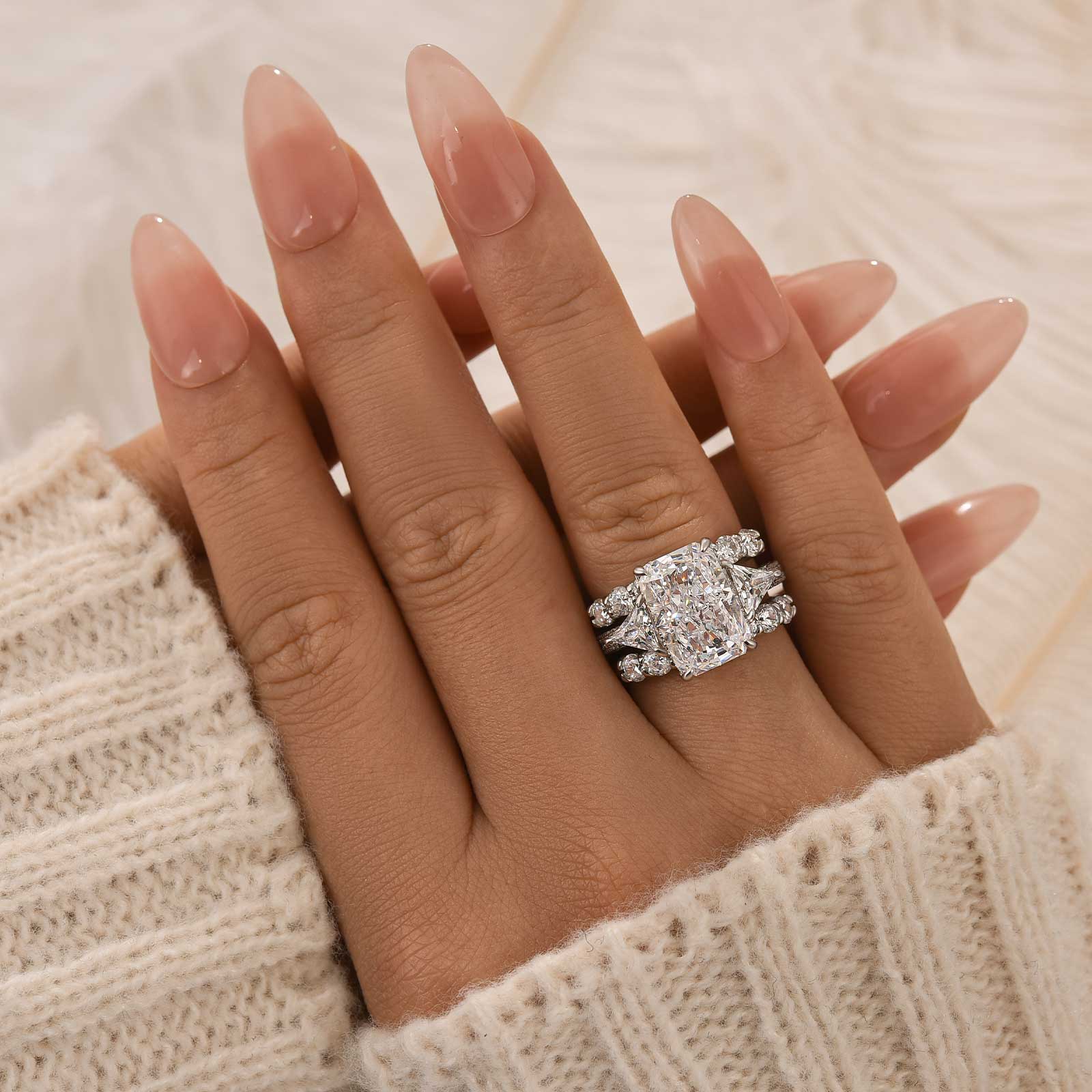 3PC Wedding Ring Set 5.0Ct Radiant Cut White Gold Side Stone Engagement Rings With 2PC Pavé Wedding Band - Velirellajewelry
