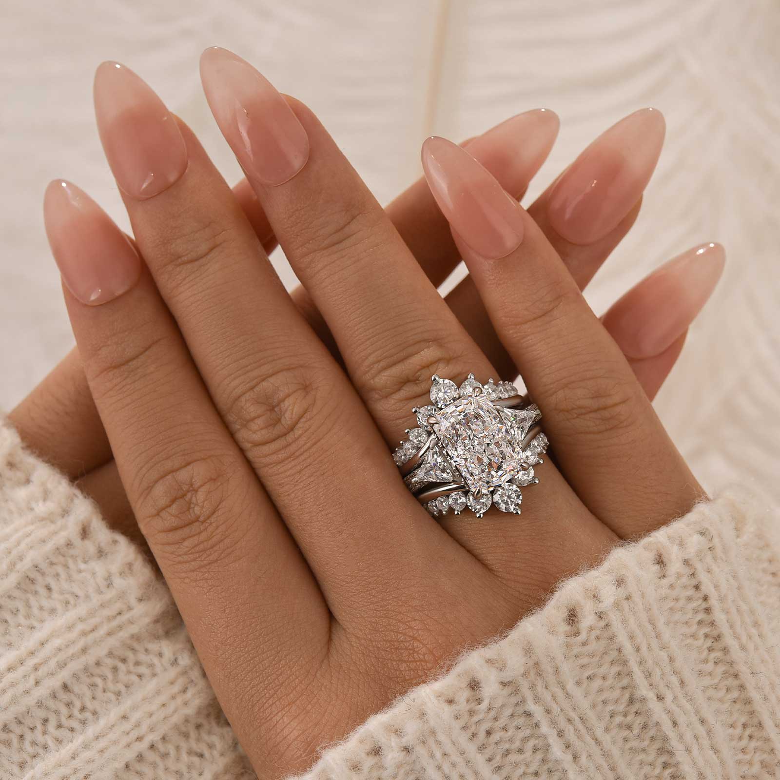 2PC Wedding Ring Set 5.0Ct Radiant Cut White Gold Side Stone Engagement Rings With Pavé Jacket Wedding Band - Velirellajewelry