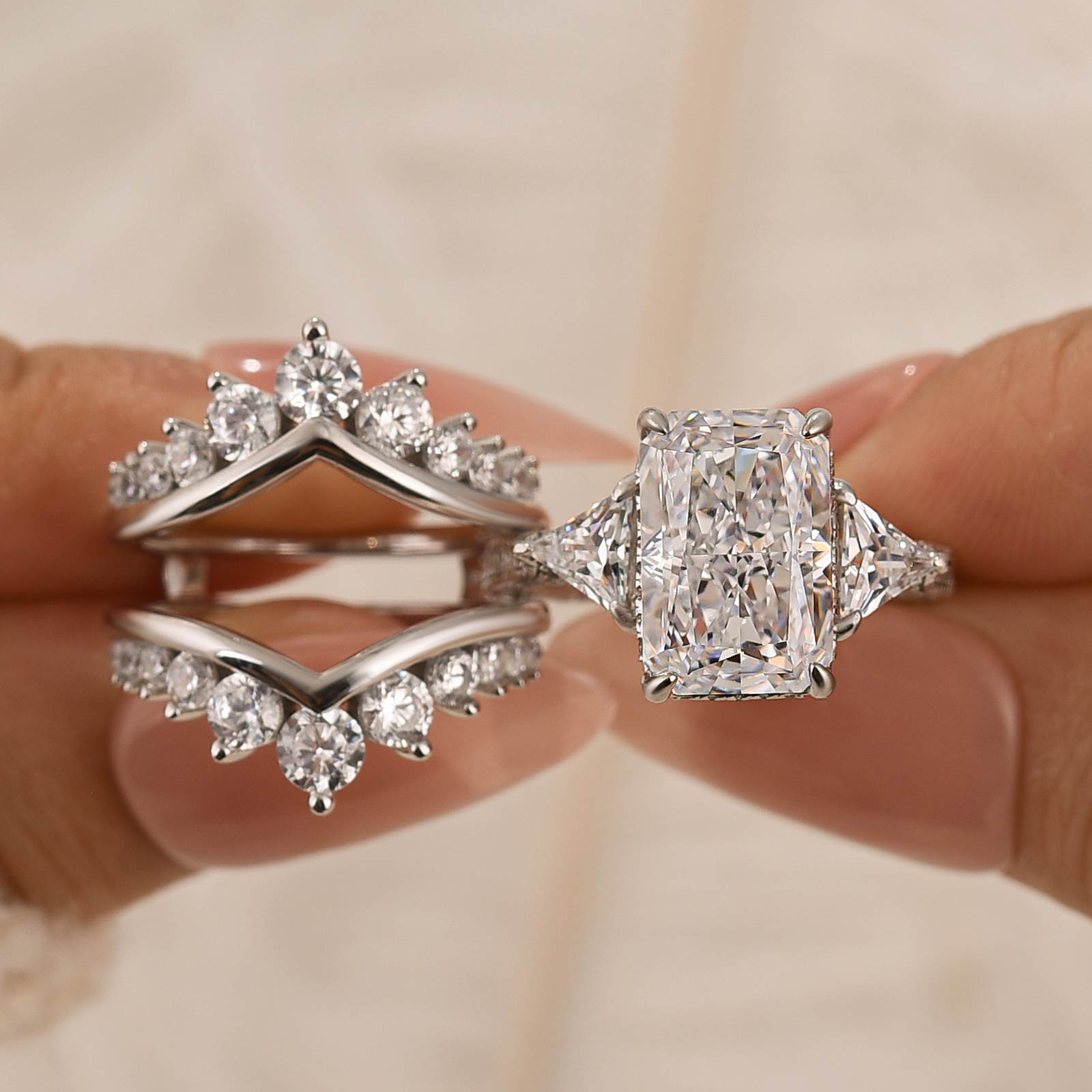2PC Wedding Ring Set 5.0Ct Radiant Cut White Gold Side Stone Engagement Rings With Pavé Jacket Wedding Band - Velirellajewelry