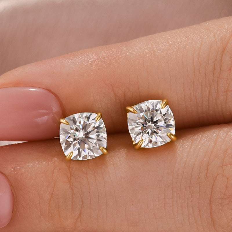 Moissanite 2.0Ct Cushion Cut Stud Earrings In Brass - Velirellajewelry