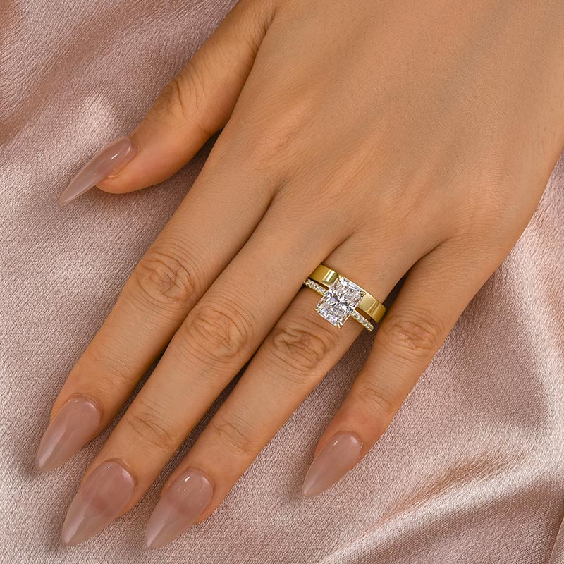 Moissanite 3.5 Ct Radiant Cut Yellow Gold Wedding Ring Set with Wide Wedding Band - Velirellajewelry