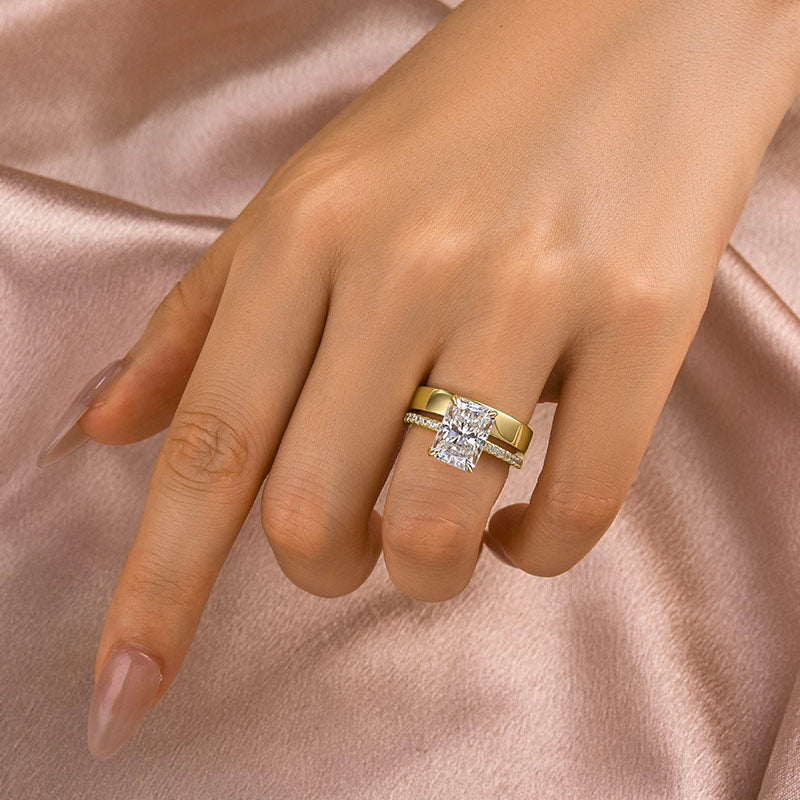 Moissanite 3.5 Ct Radiant Cut Yellow Gold Wedding Ring Set with Wide Wedding Band - Velirellajewelry