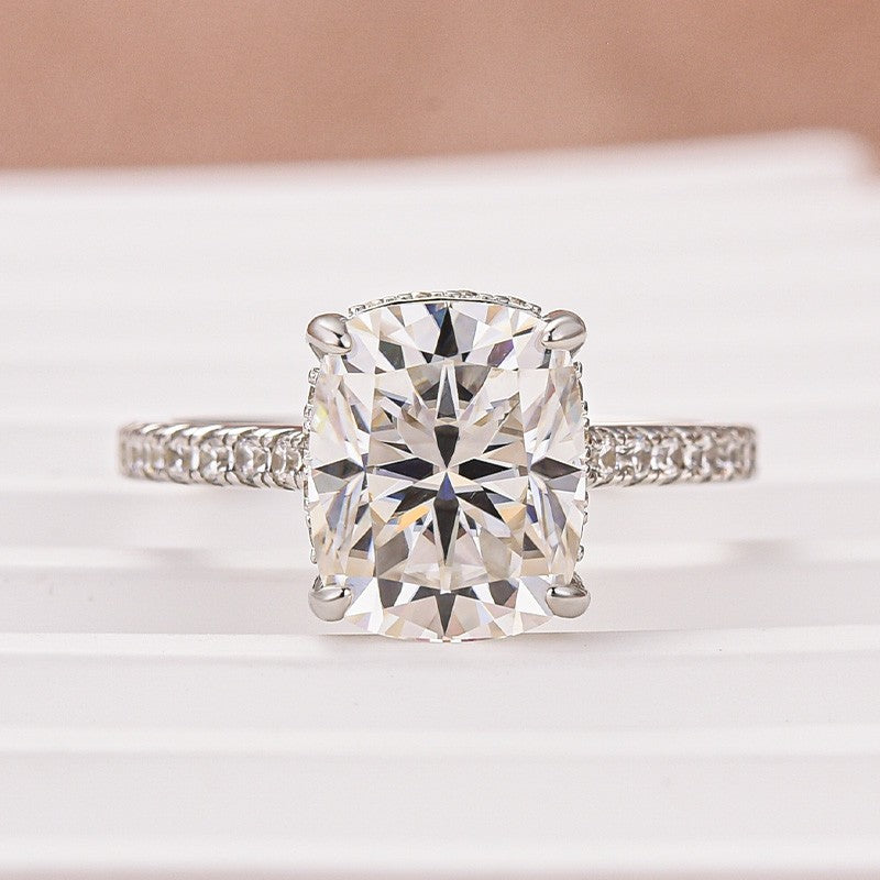 Moissanite Hidden Halo 4.0Ct Cushion Cut White Gold Engagement Ring - Velirellajewelry