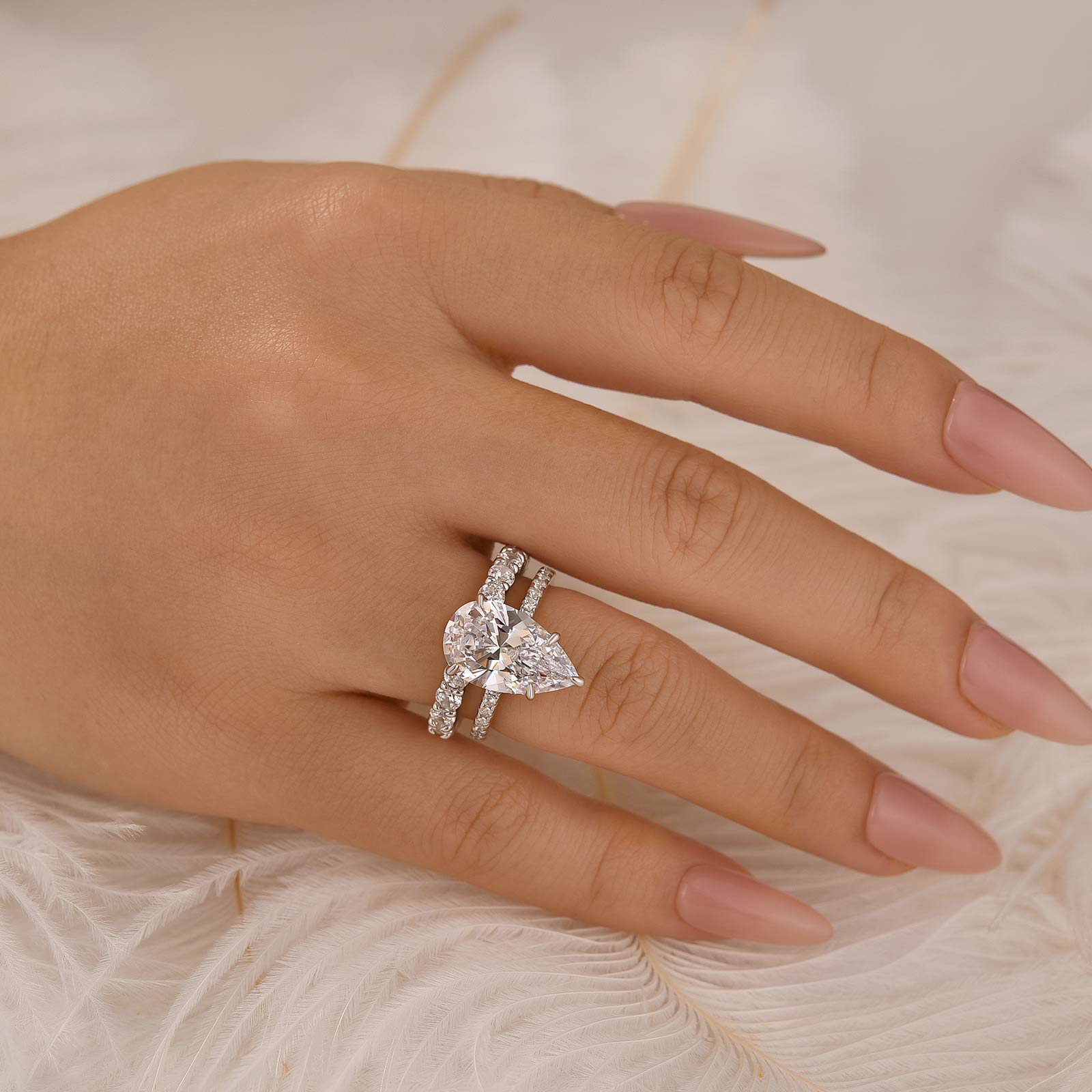 4.5Ct Pear Cut Wedding Ring Set With Round Cut Eternity Wedding Band - Velirellajewelry