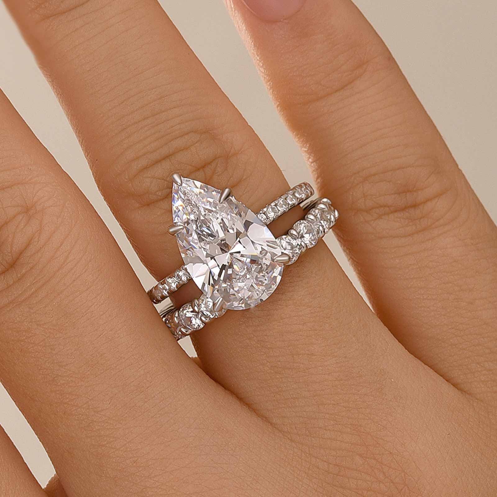 4.5Ct Pear Cut Wedding Ring Set With Round Cut Eternity Wedding Band - Velirellajewelry