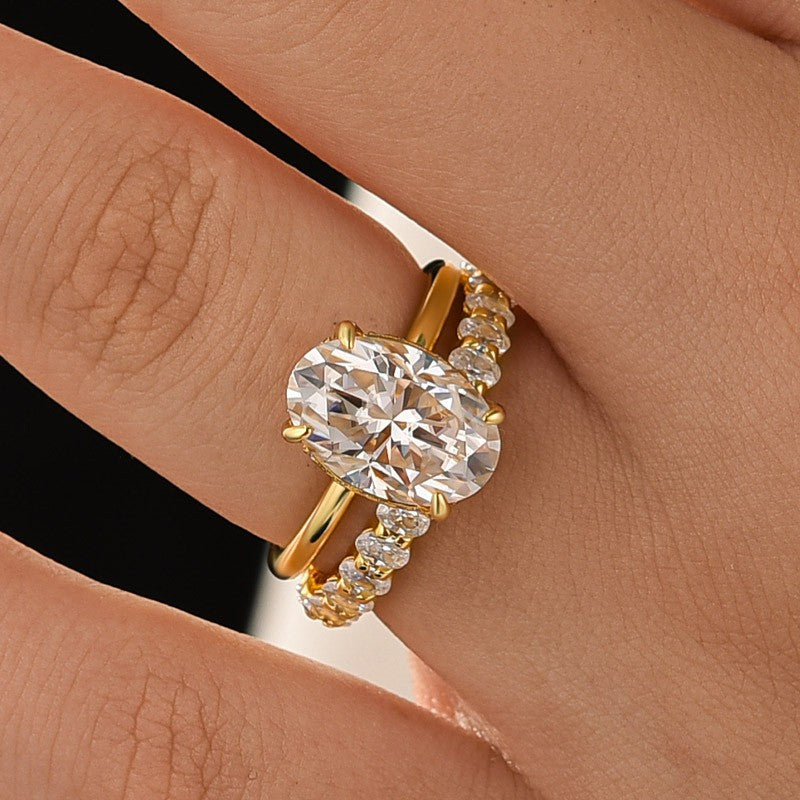 Moissanite 4.0 Ct Oval Cut Yellow Gold Engagement Ring with Oval Cut Eternity Ring - Velirellajewelry